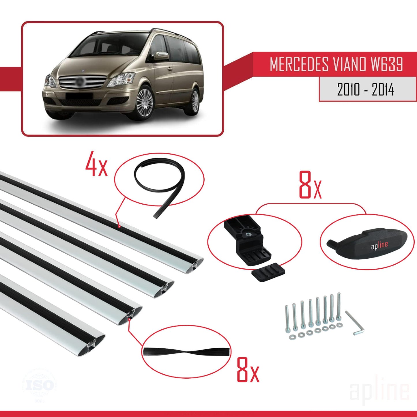Compatible avec Mercedes Viano 2 (W639) Post-Facelift 2010-2014 BASIC Model Barres de Toit Railing Porte-Bagages de Voiture Gris Aluminium 4 Barres