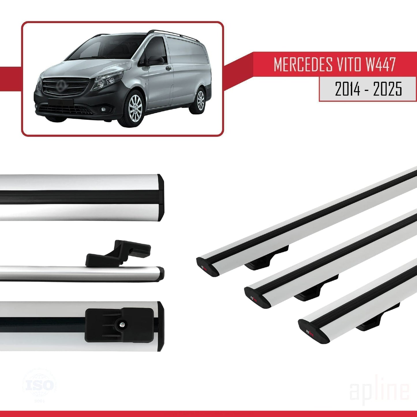 Compatible con Mercedes Vito 3 (W447) 2014-2025 BASIC Model Barras de Techo Auto Portaequipajes Barras Transversales Gris Aluminio 3 Barras