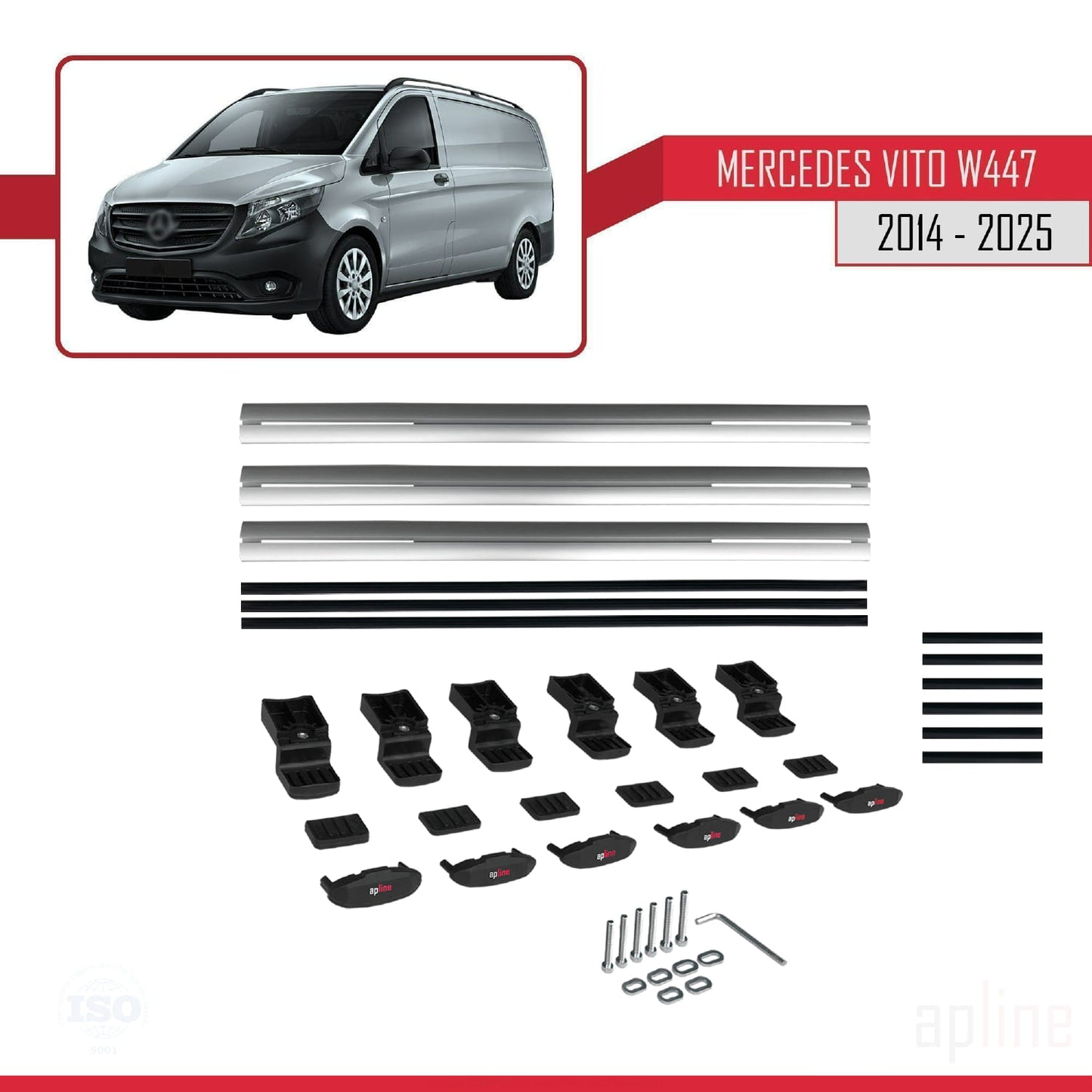 Compatible con Mercedes Vito 3 (W447) 2014-2025 BASIC Model Barras de Techo Auto Portaequipajes Barras Transversales Gris Aluminio 3 Barras