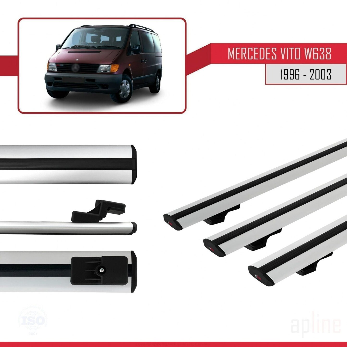 Compatible avec Mercedes Vito (W638) 1996-2003 BASIC Model Barres de Toit Railing Porte-Bagages de Voiture Gris Aluminium 3 Barres