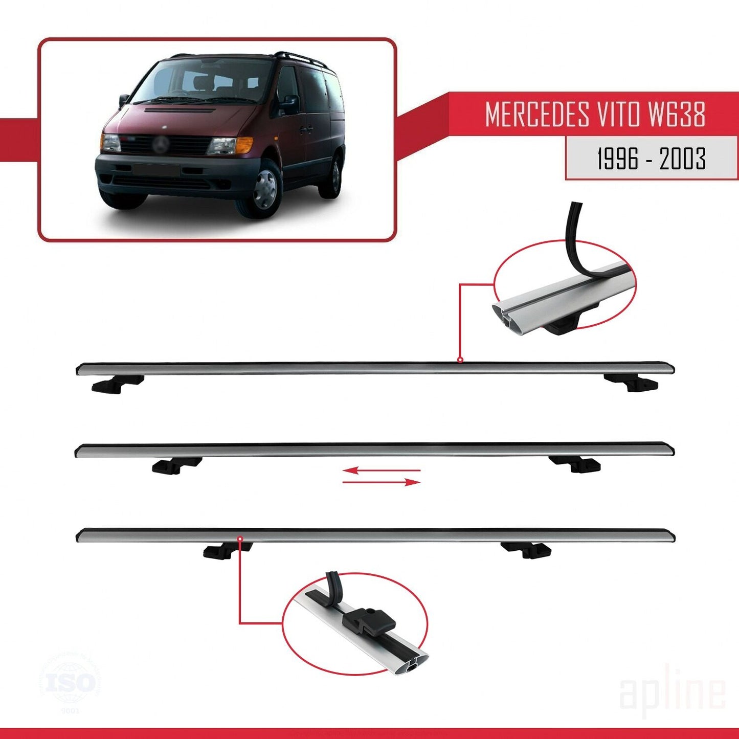 Compatible avec Mercedes Vito (W638) 1996-2003 BASIC Model Barres de Toit Railing Porte-Bagages de Voiture Gris Aluminium 3 Barres