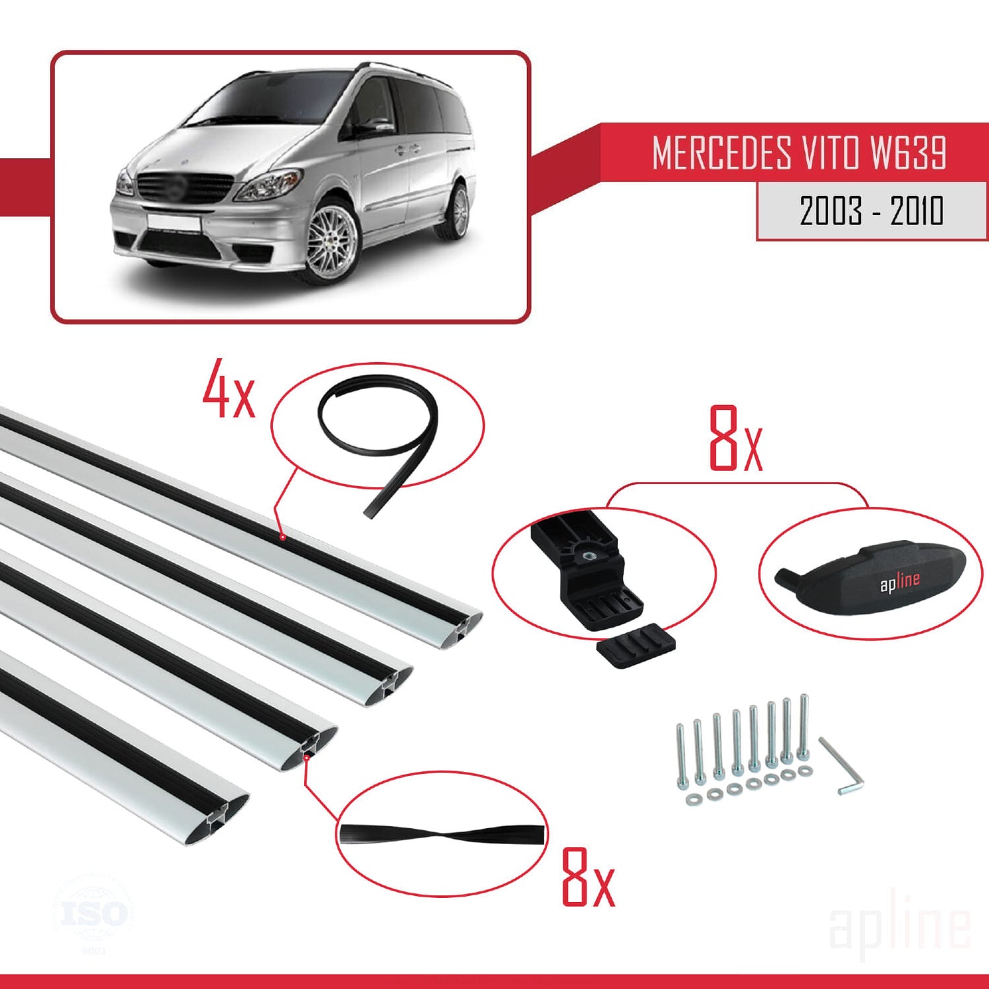 Compatible avec Mercedes Vito 2 (W639) Pre-Facelift 2003-2010 BASIC Model Barres de Toit Railing Porte-Bagages de Voiture Gris Aluminium 4 Barres