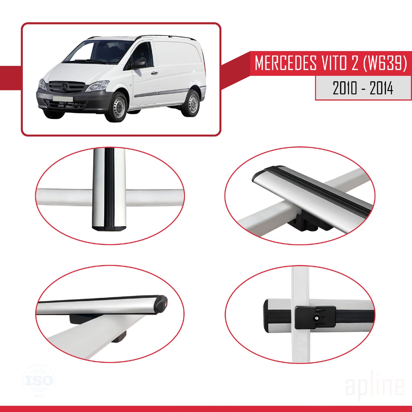 Compatible avec Mercedes Vito 2 (W639) Post-Facelift 2010-2014 BASIC Model Barres de Toit Railing Porte-Bagages de Voiture Gris Aluminium 2 Barres