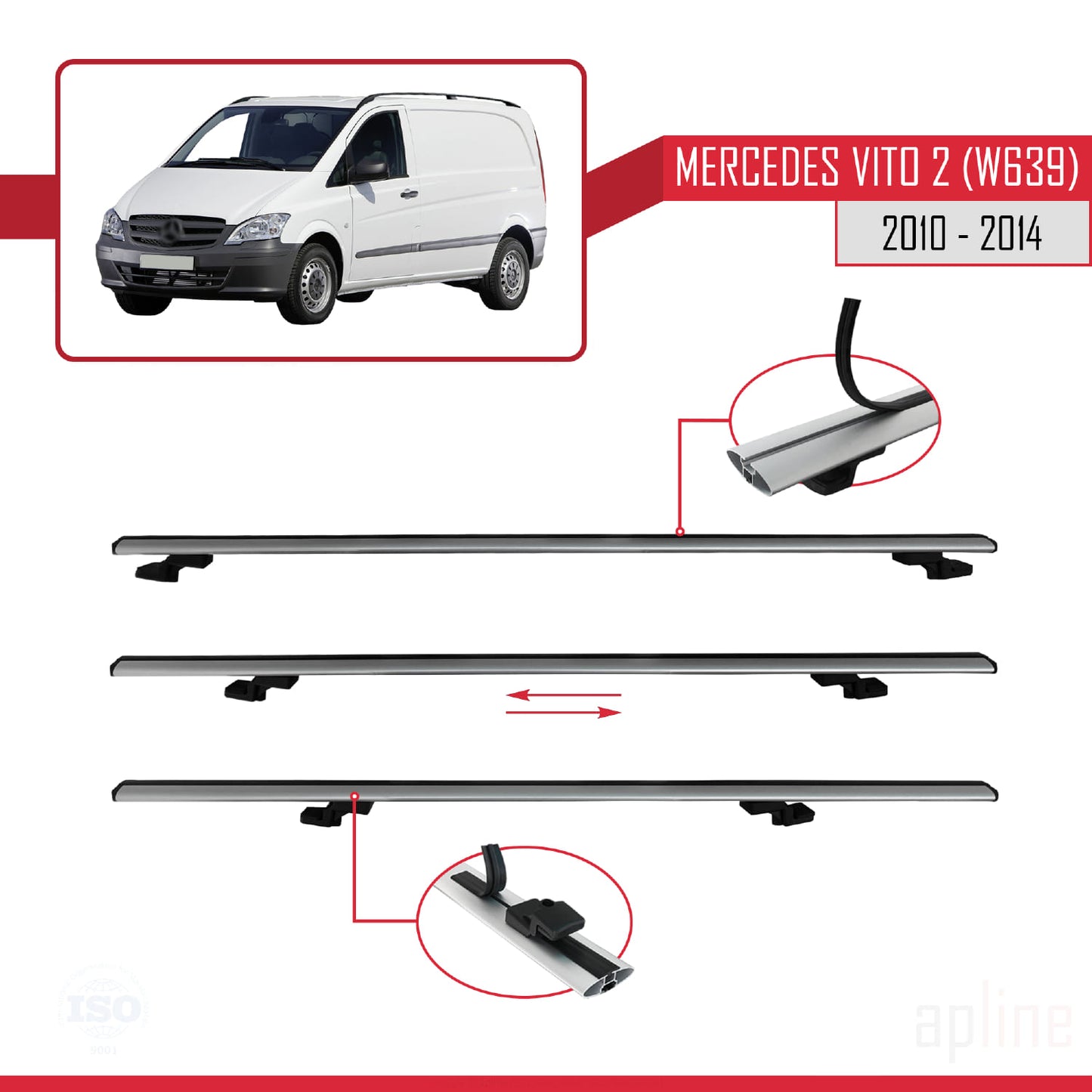 Compatible avec Mercedes Vito 2 (W639) Post-Facelift 2010-2014 BASIC Model Barres de Toit Railing Porte-Bagages de Voiture Gris Aluminium 2 Barres