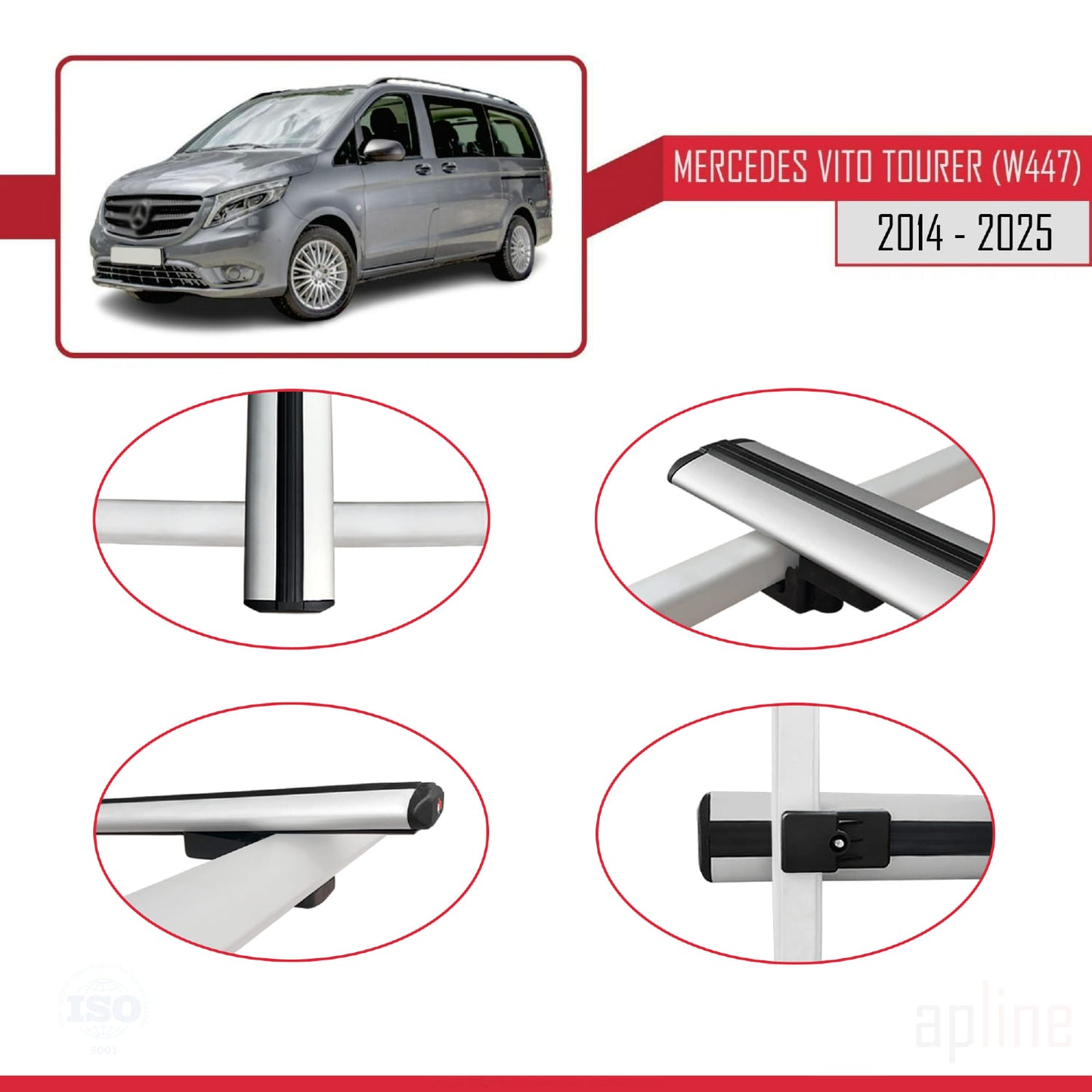 Compatible avec Mercedes Vito Tourer (W447) 2014-2025 BASIC Model Barres de Toit Railing Porte-Bagages de Voiture Gris Aluminium 2 Barres