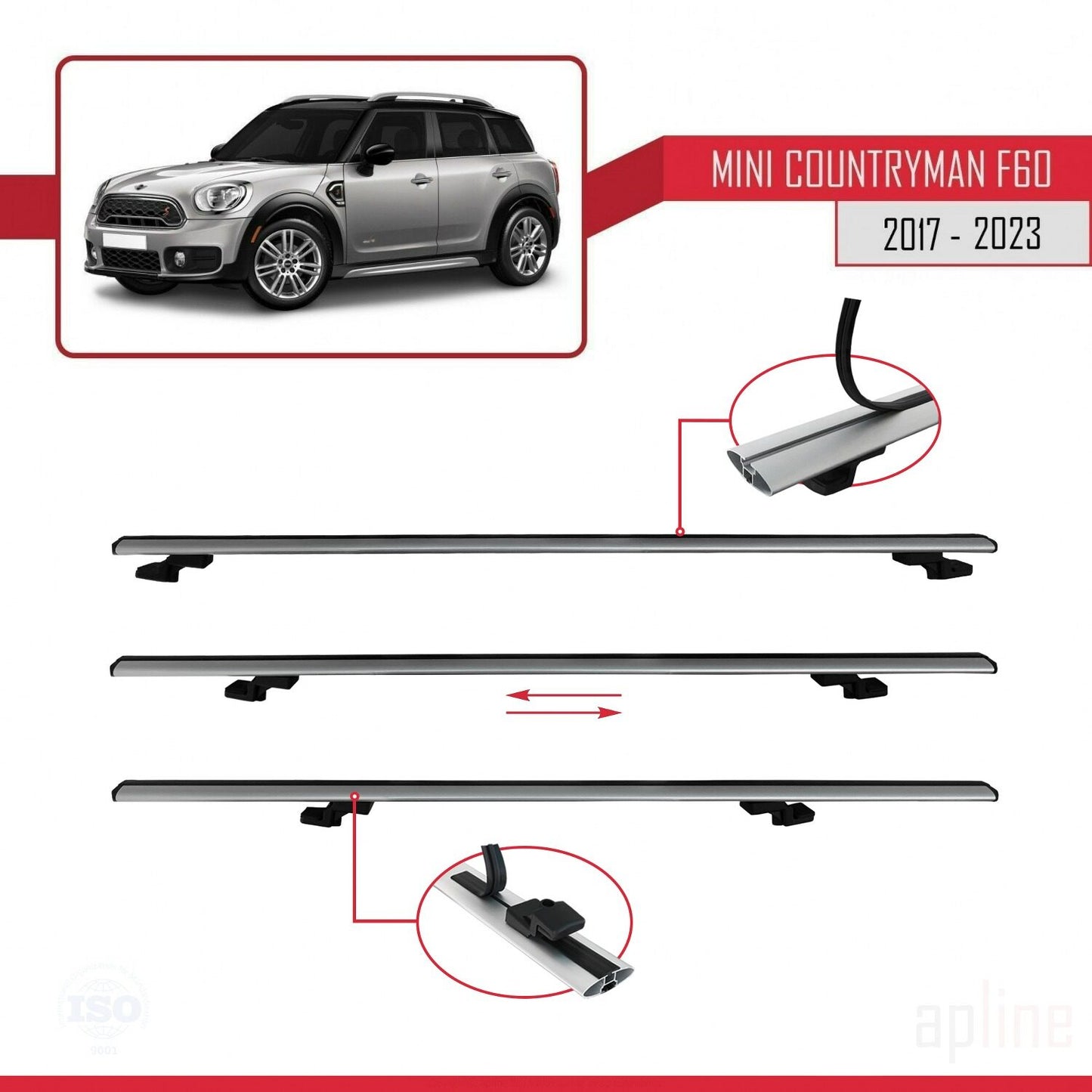 Compatible avec Mini Countryman 2 (F60) 2017-2023 BASIC Model Barres de Toit Railing Porte-Bagages de Voiture Gris Aluminium 3 Barres