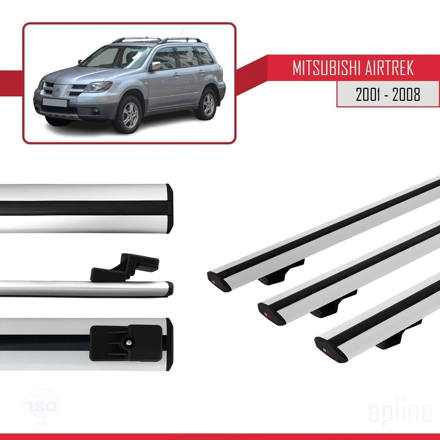 Compatible avec Mitsubishi Airtrek 2001-2008 BASIC Model Barres de Toit Railing Porte-Bagages de Voiture Gris Aluminium 3 Barres