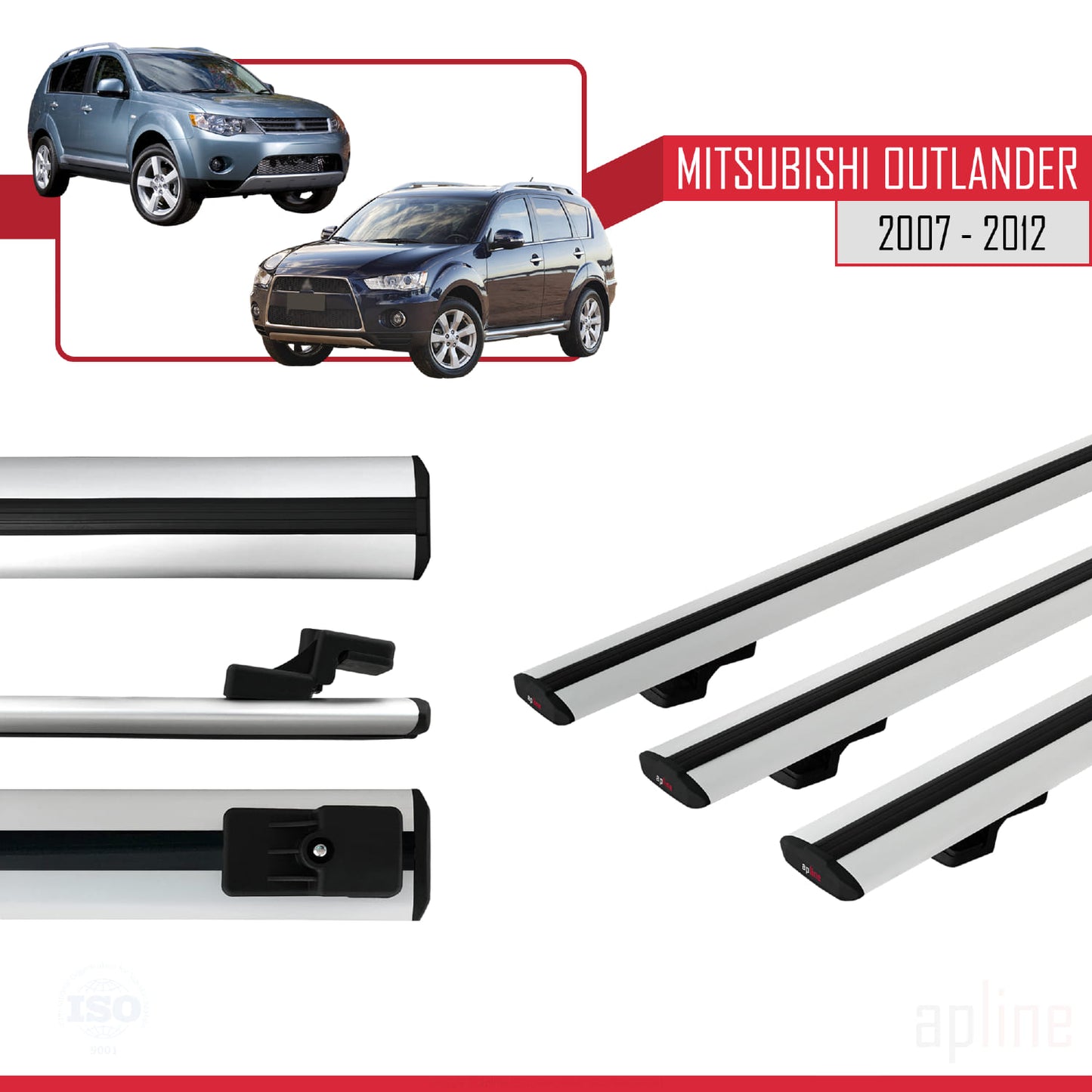 BASIC Model Dakdrager bagagedrager compatibel met Mitsubishi Outlander 2 2007-2012 Spoorstaven Grijs Aluminium 3 Staven