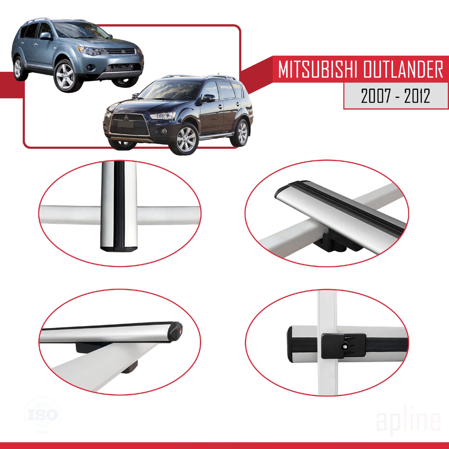 BASIC Model Dakdrager bagagedrager compatibel met Mitsubishi Outlander 2 2007-2012 Spoorstaven Grijs Aluminium 3 Staven