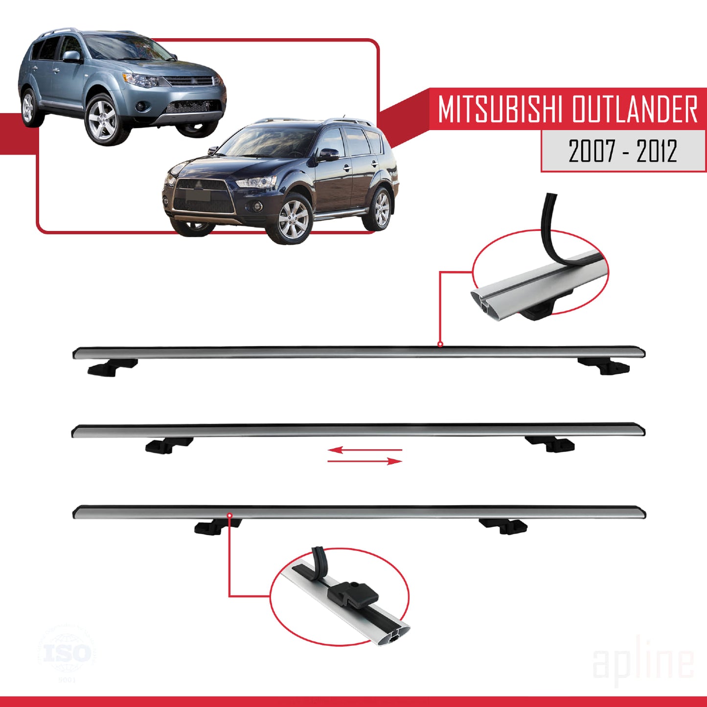 BASIC Model Dakdrager bagagedrager compatibel met Mitsubishi Outlander 2 2007-2012 Spoorstaven Grijs Aluminium 3 Staven