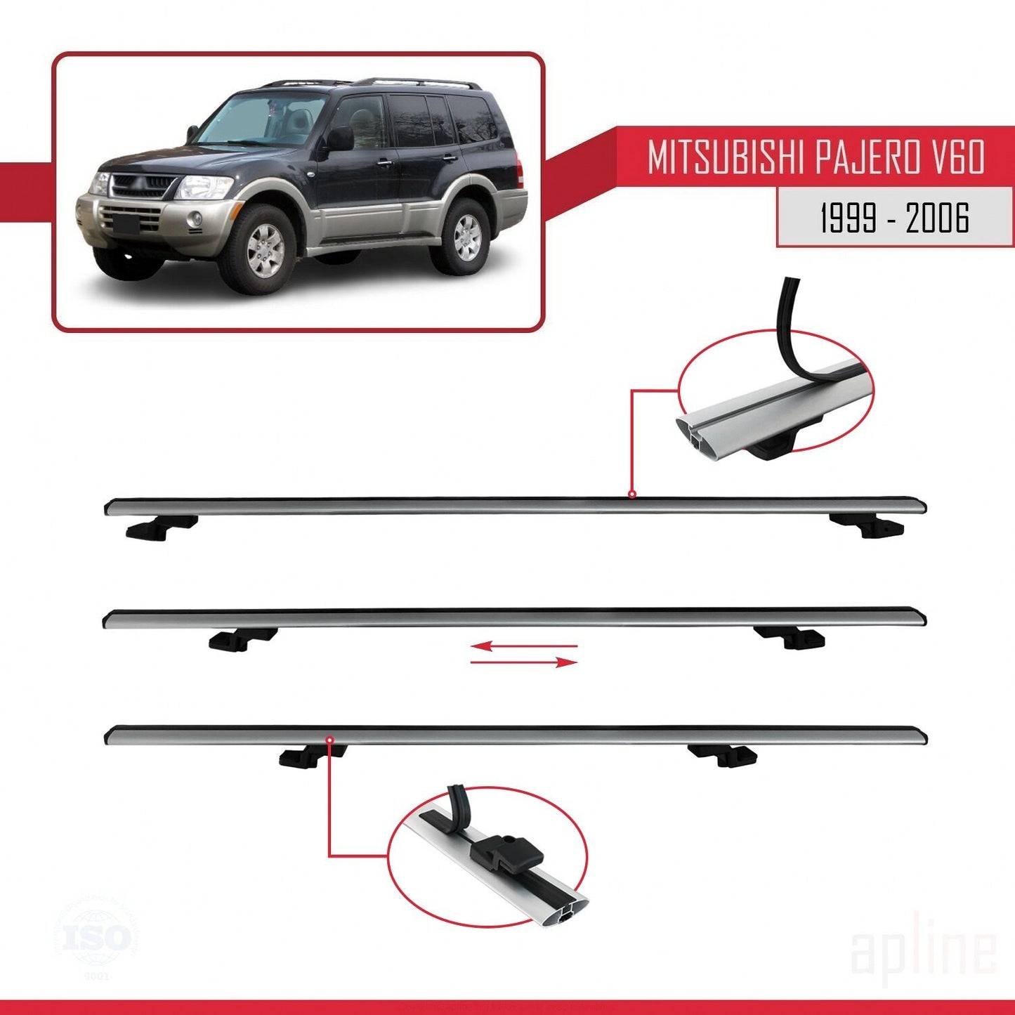Compatible avec Mitsubishi Pajero (V60) 5 Kapı 1999-2006 BASIC Model Barres de Toit Railing Porte-Bagages de Voiture Gris Aluminium 2 Barres
