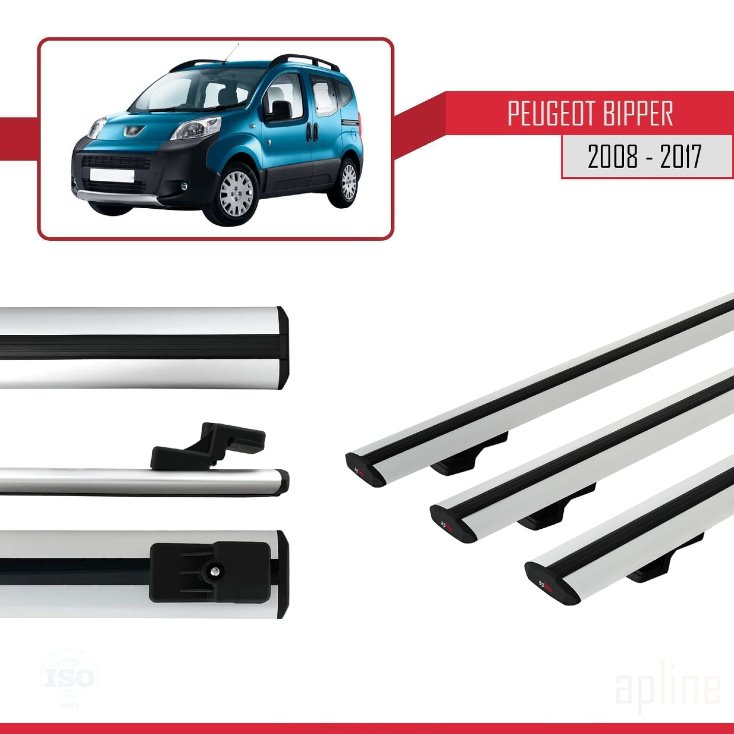 Compatible avec Peugeot Bipper 2008-2017 BASIC Model Barres de Toit Railing Porte-Bagages de Voiture Gris Aluminium 3 Barres