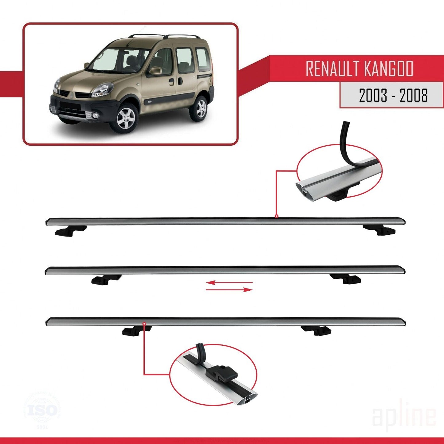 Compatible avec Renault Kangoo (X76) Post-Facelift 2003-2008 BASIC Model Barres de Toit Railing Porte-Bagages de Voiture Gris Aluminium 3 Barres