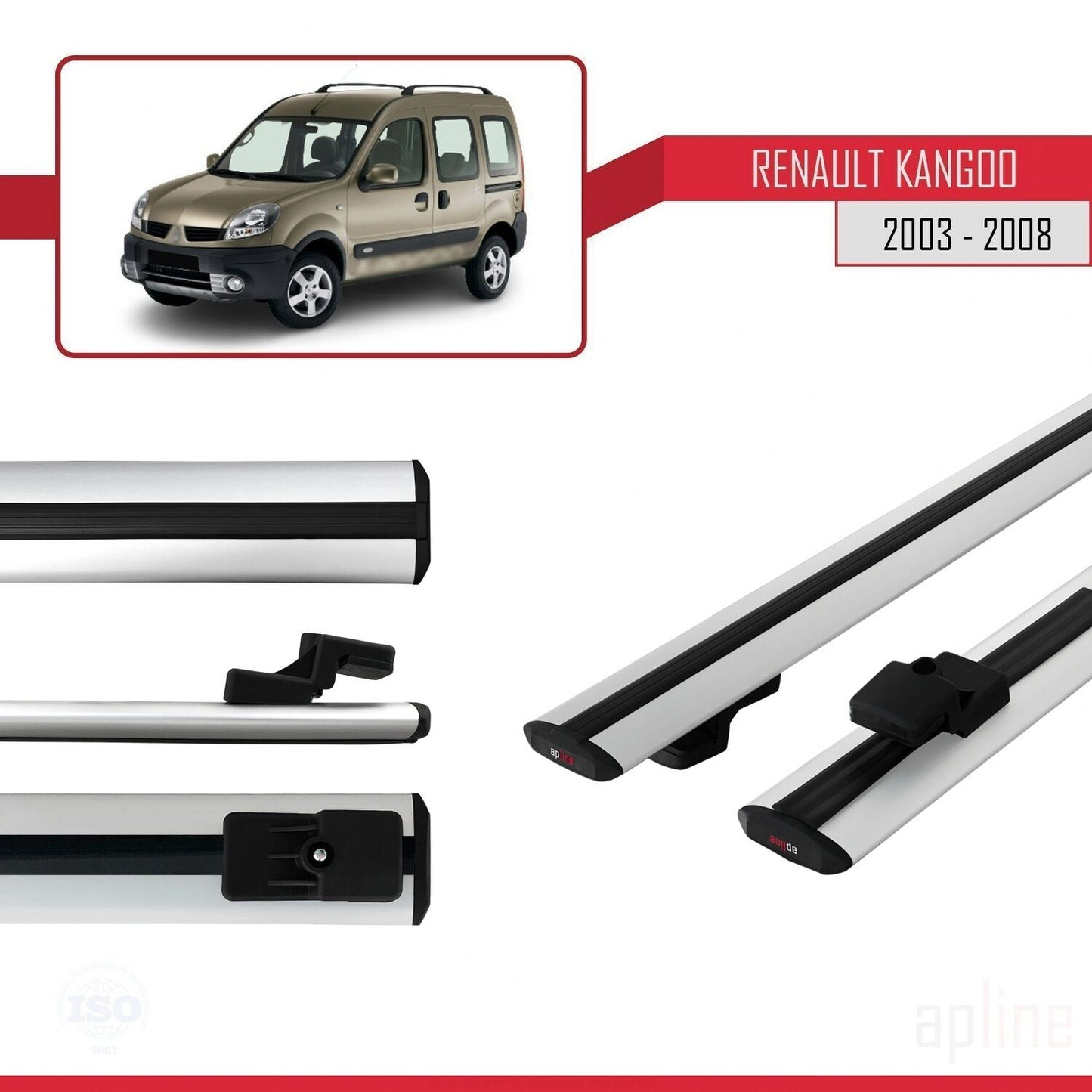 Compatible avec Renault Kangoo (X76) Post-Facelift 2003-2008 BASIC Model Barres de Toit Railing Porte-Bagages de Voiture Gris Aluminium 2 Barres