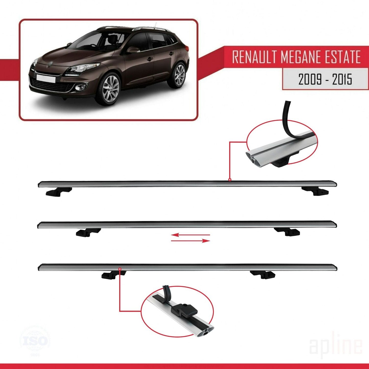 Compatible avec Renault Megane 3 ST 2009-2015 BASIC Model Barres de Toit Railing Porte-Bagages de Voiture Gris Aluminium 2 Barres