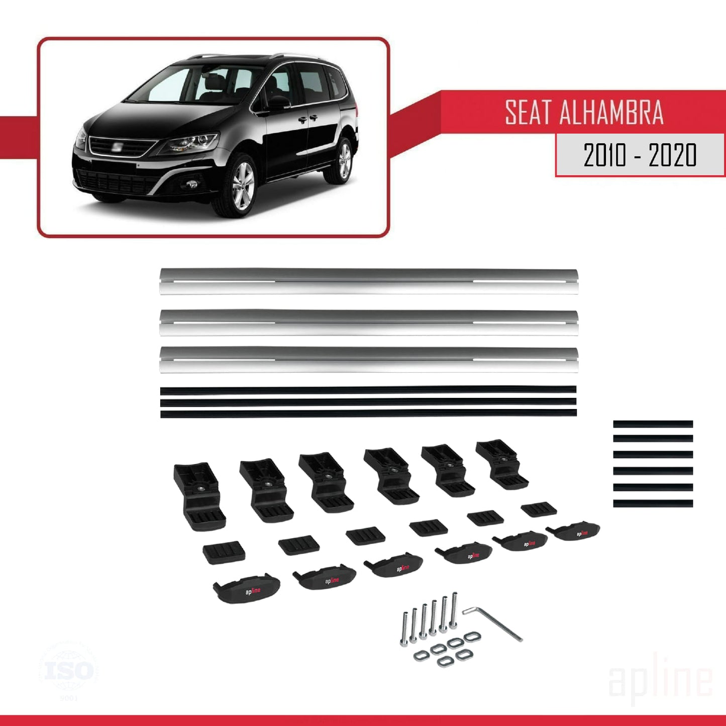 Compatible avec Seat Alhambra 2 (7N) 2010-2020 BASIC Model Barres de Toit Railing Porte-Bagages de Voiture Gris Aluminium 3 Barres