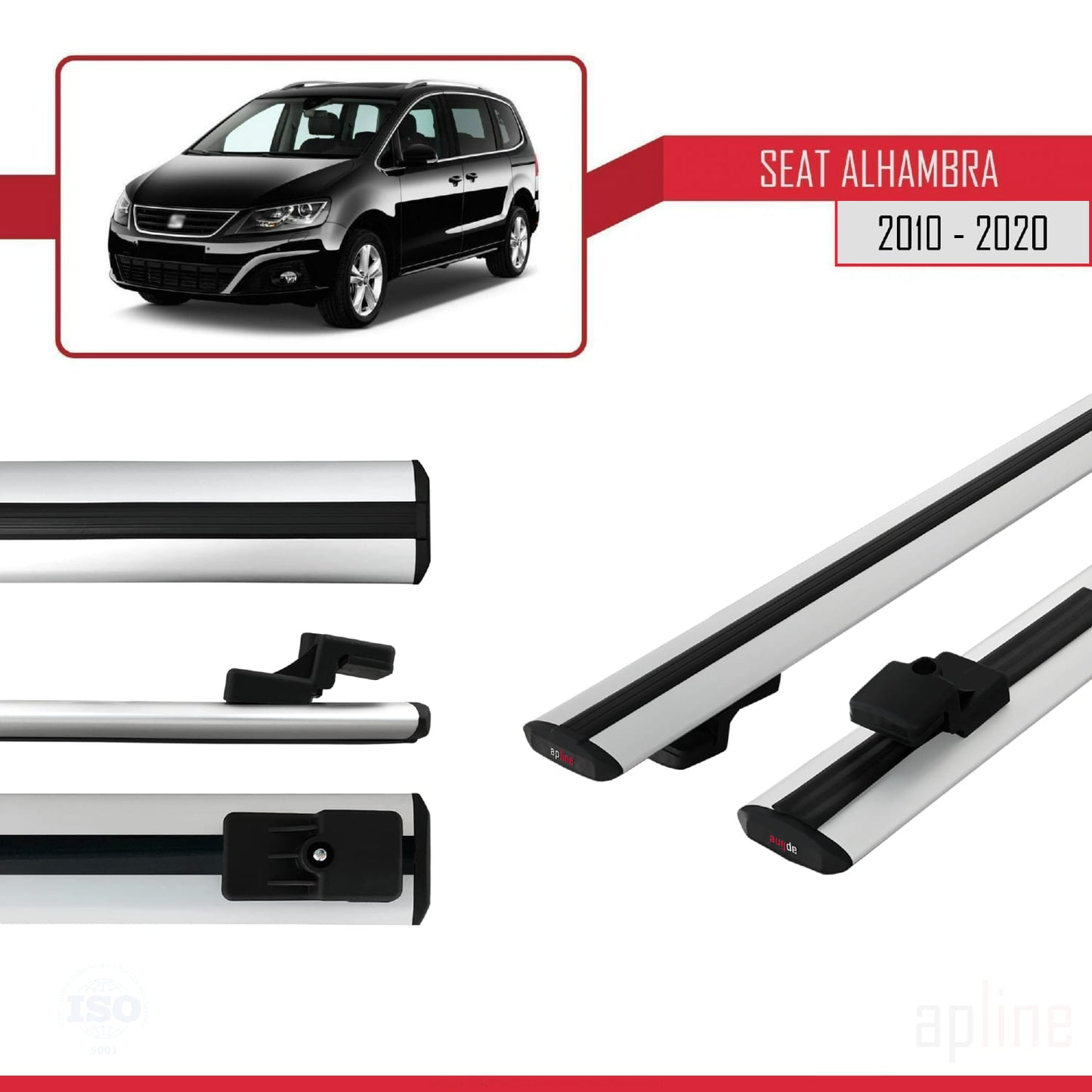 Compatible avec Seat Alhambra 2 (7N) 2010-2020 BASIC Model Barres de Toit Railing Porte-Bagages de Voiture Gris Aluminium 2 Barres