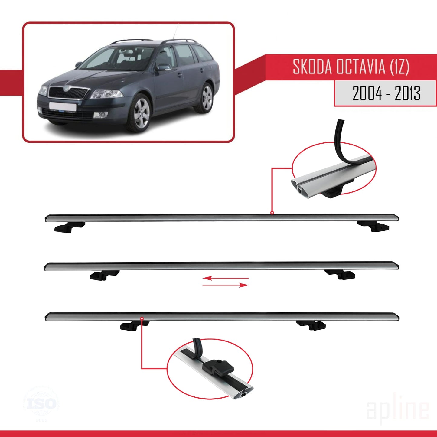 Compatible avec Skoda Octavia 2 (1Z) 2004-2013 BASIC Model Barres de Toit Railing Porte-Bagages de Voiture Gris Aluminium 3 Barres