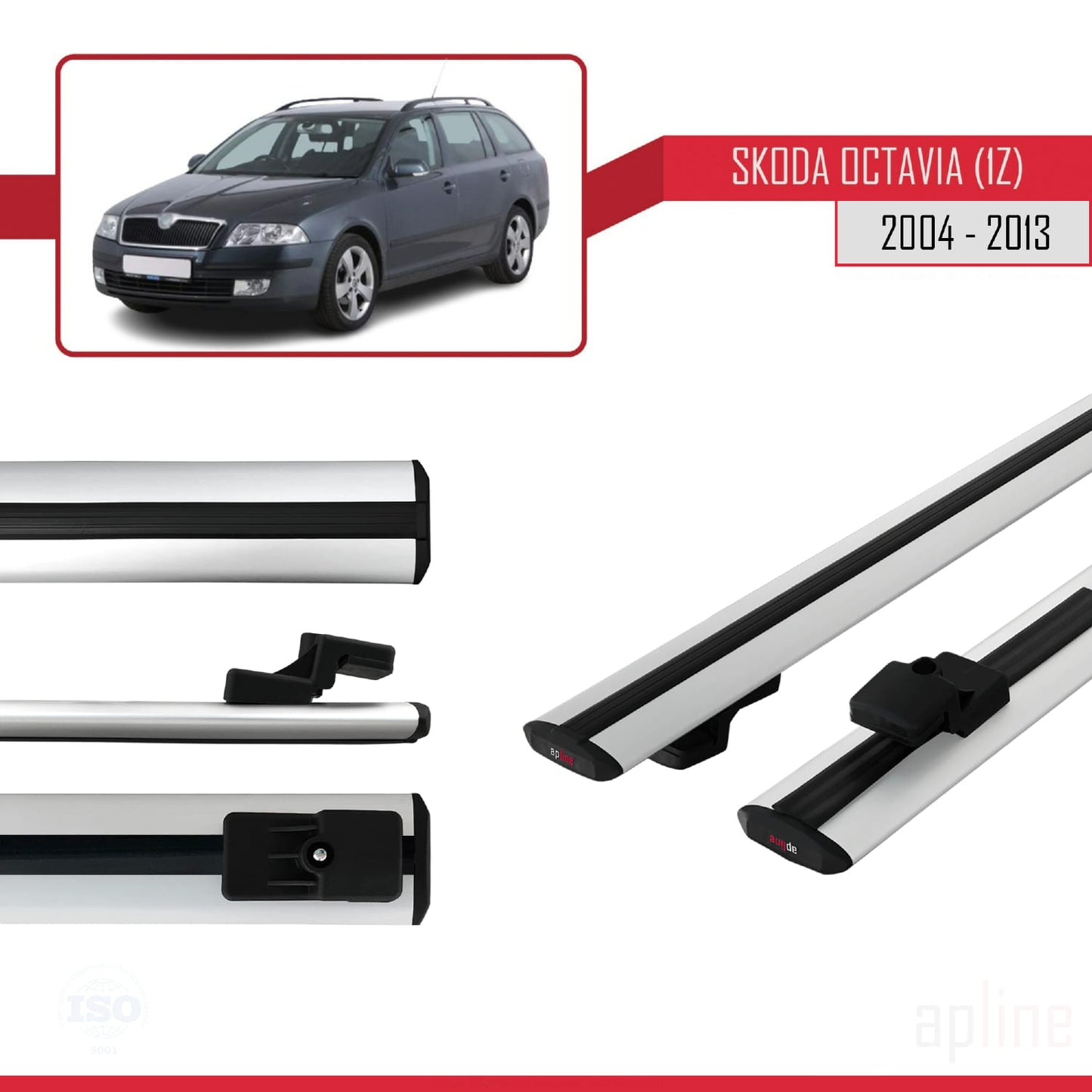 Compatible avec Skoda Octavia 2 (1Z) 2004-2013 BASIC Model Barres de Toit Railing Porte-Bagages de Voiture Gris Aluminium 2 Barres
