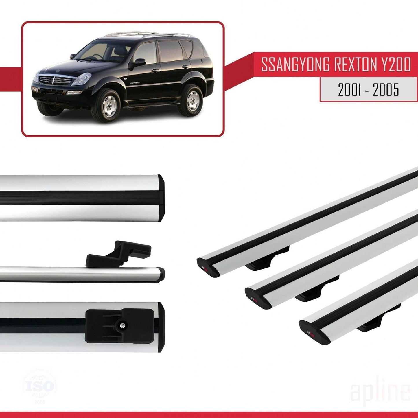 Compatible avec Ssangyong Rexton (Y200) 2001-2005 BASIC Model Barres de Toit Railing Porte-Bagages de Voiture Gris Aluminium 3 Barres