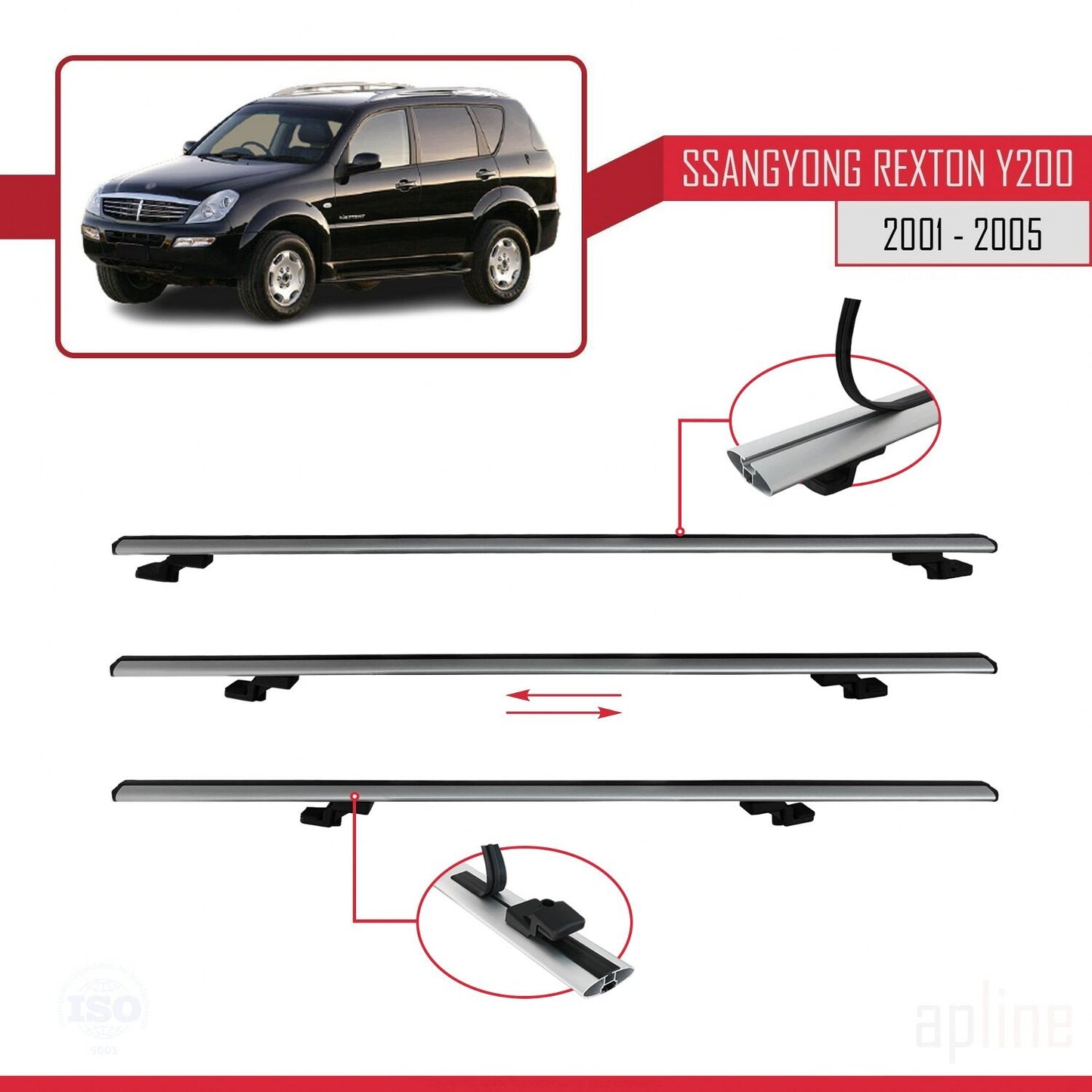 Compatible avec Ssangyong Rexton (Y200) 2001-2005 BASIC Model Barres de Toit Railing Porte-Bagages de Voiture Gris Aluminium 2 Barres
