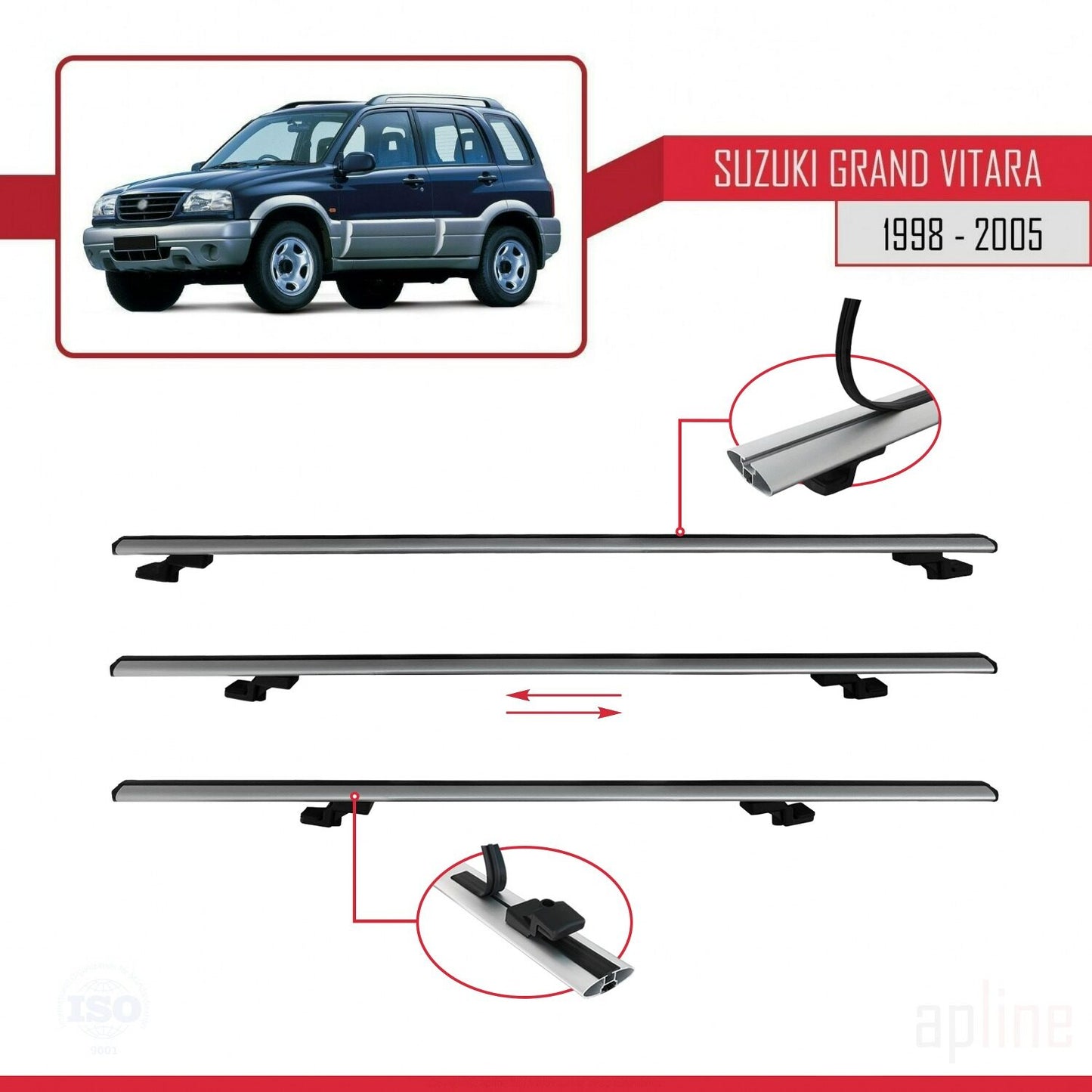 Compatibile con Suzuki Grand Vitara (FT) 1998-2005 BASIC Model Barre Tetto Portapacchi Auto Barre Portatutto Grigo Alluminio 3 Barre