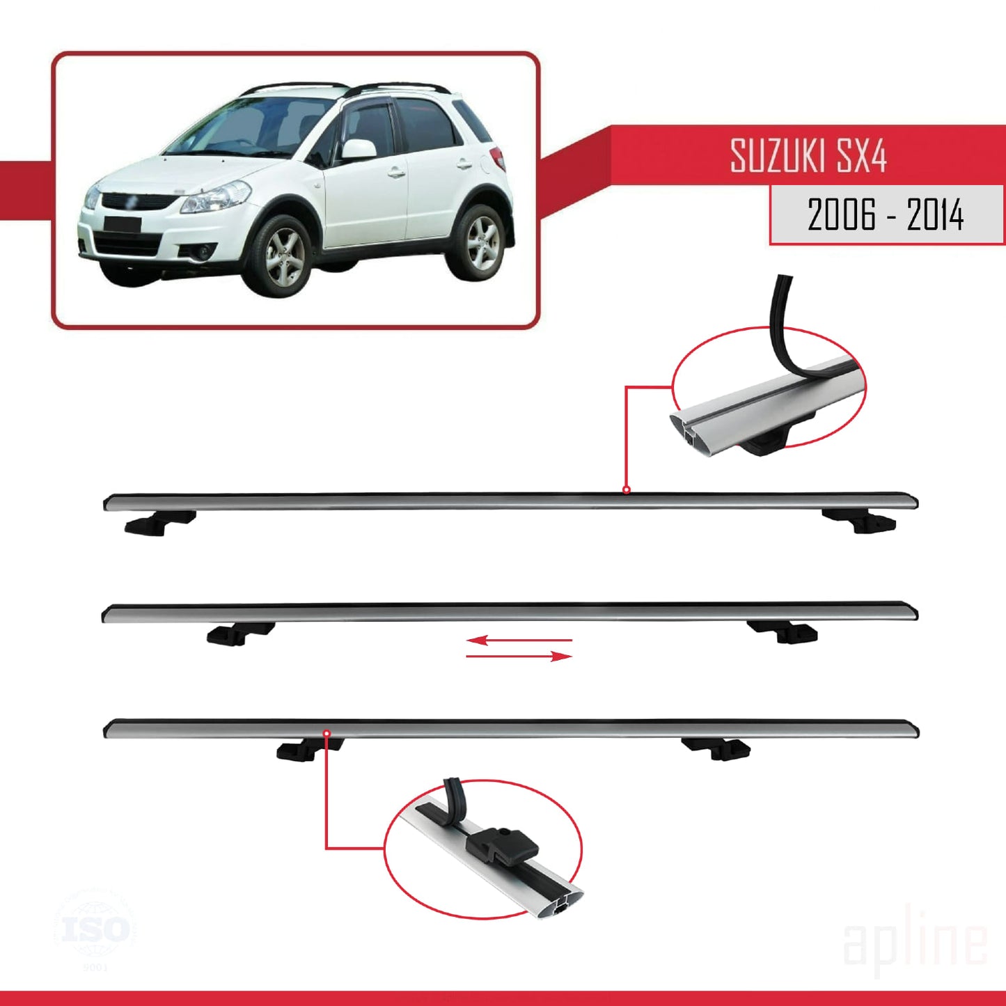 Compatible avec Suzuki SX4 II (JY) 2006-2014 BASIC Model Barres de Toit Railing Porte-Bagages de Voiture Gris Aluminium 2 Barres