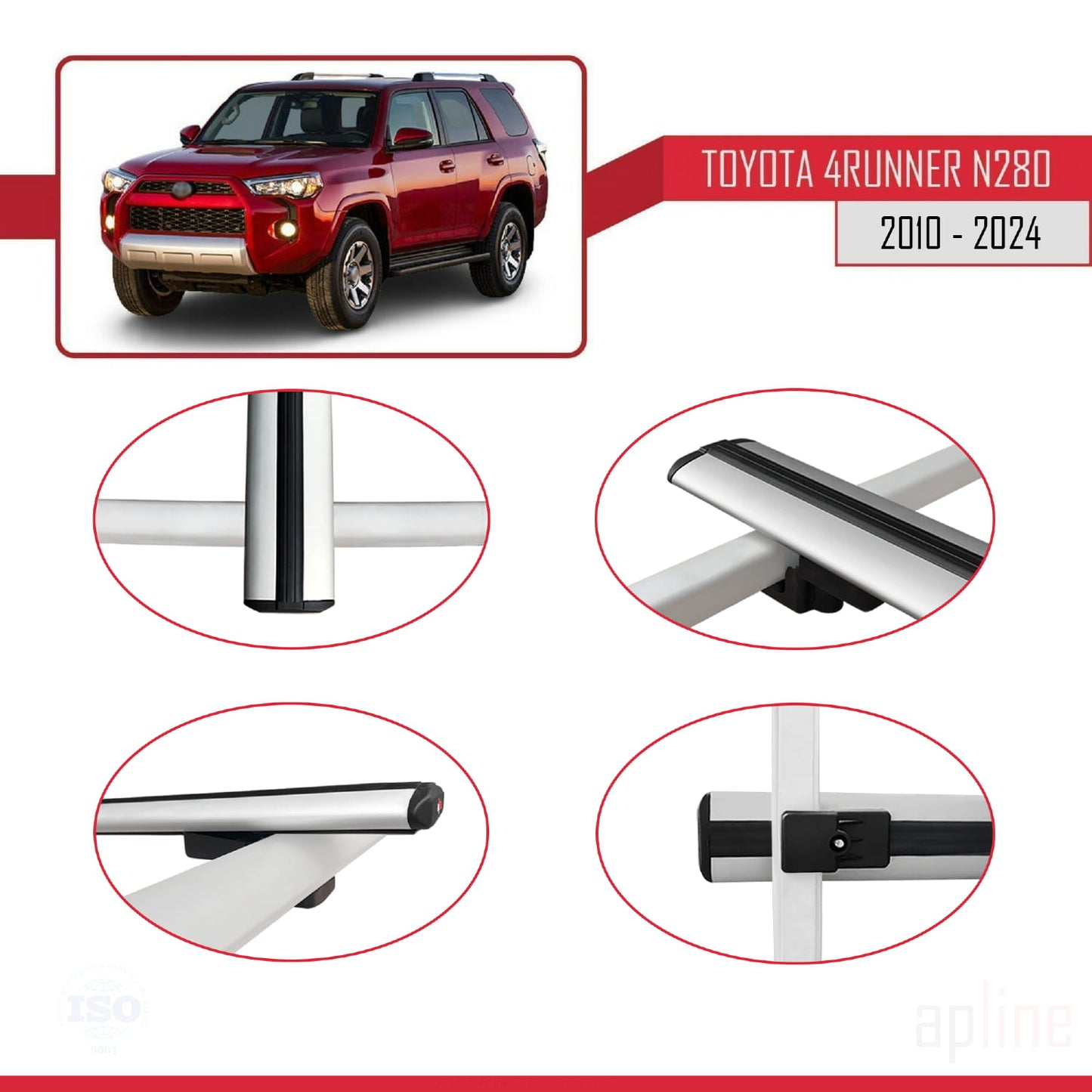 Compatible con Toyota 4Runner (N280) 2010-2024 BASIC Model Barras de Techo Auto Portaequipajes Barras Transversales Gris Aluminio 2 Barras