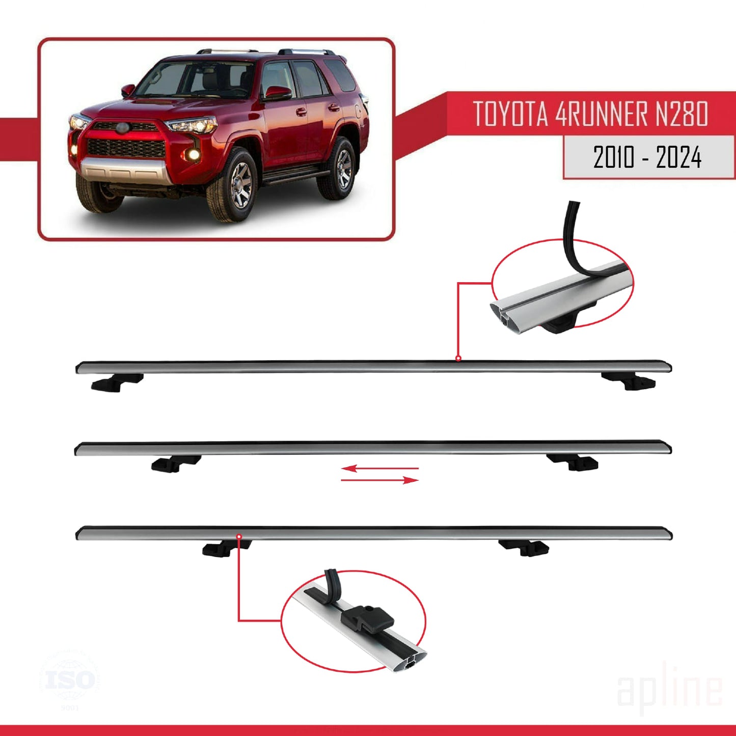 Compatible con Toyota 4Runner (N280) 2010-2024 BASIC Model Barras de Techo Auto Portaequipajes Barras Transversales Gris Aluminio 2 Barras