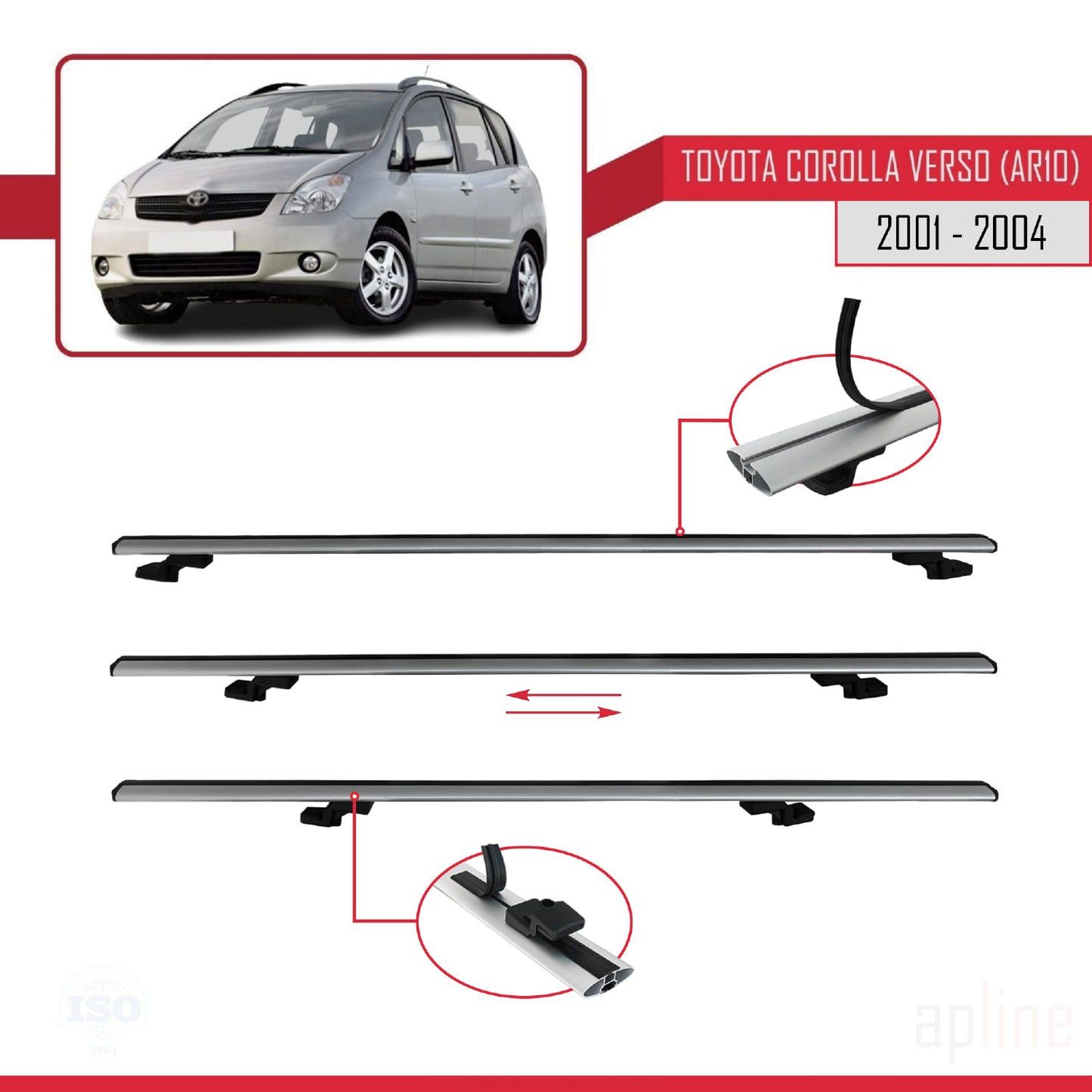 Compatibile con Toyota Corolla Verso (E120) 2001-2004 BASIC Model Barre Tetto Portapacchi Auto Barre Portatutto Grigo Alluminio 3 Barre