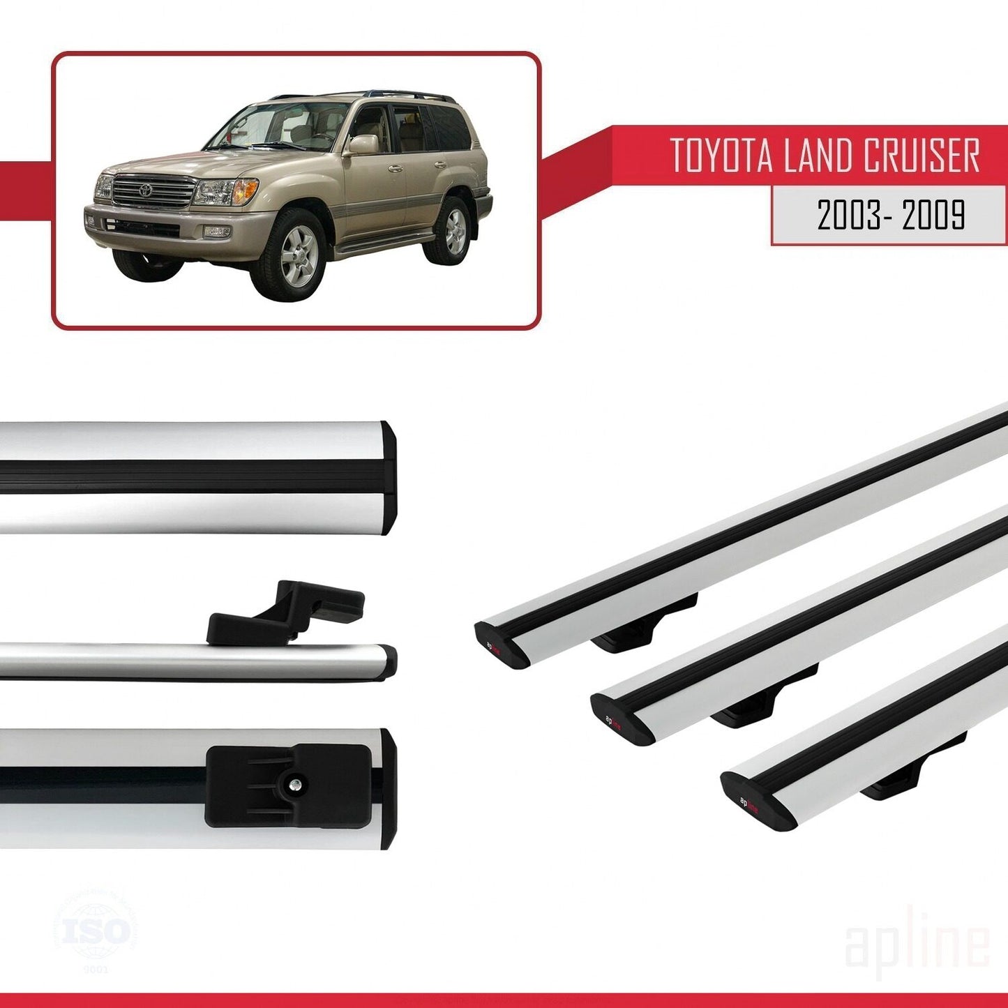 Compatible avec Toyota Land Cruiser (J100) 2003-2007 BASIC Model Barres de Toit Railing Porte-Bagages de Voiture Gris Aluminium 3 Barres