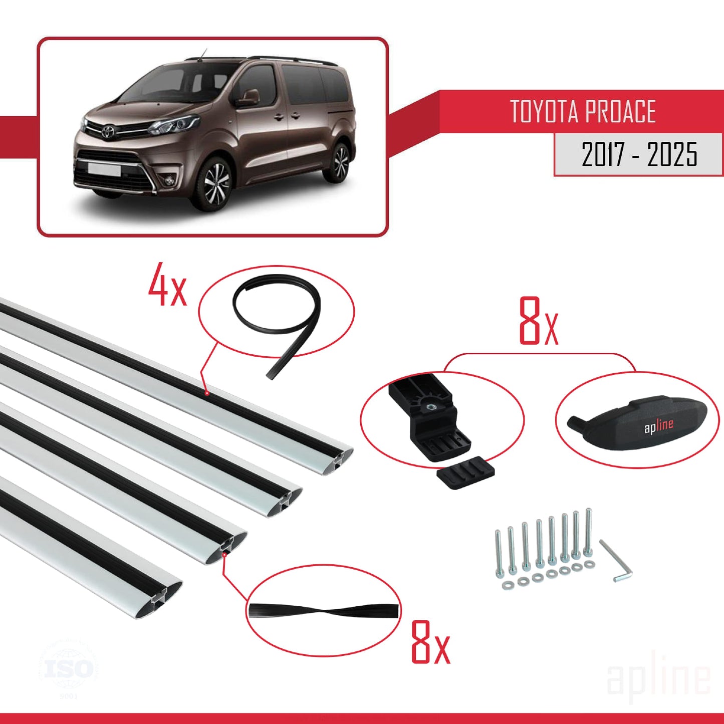 Compatible avec Toyota Proace 2017-2025 BASIC Model Barres de Toit Railing Porte-Bagages de Voiture Gris Aluminium 4 Barres