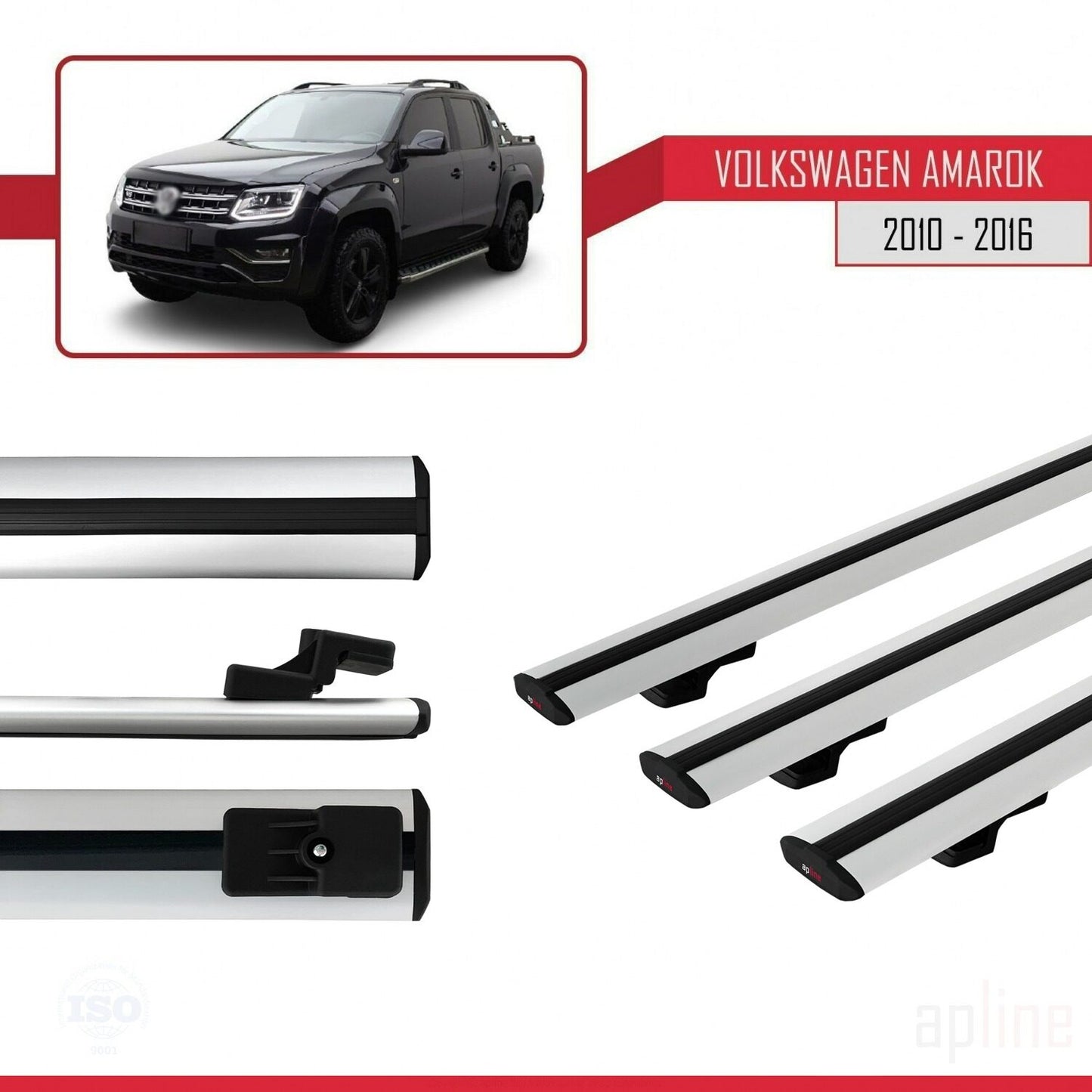 Compatible con Volkswagen Amarok (2F) Pre-Facelift 2010-2016 BASIC Model Barras de Techo Auto Portaequipajes Barras Transversales Gris Aluminio 3 Barras