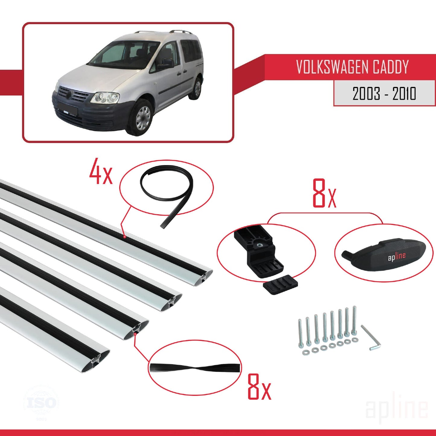 Compatibile con Volkswagen Caddy 3 (2K) 2003-2010 BASIC Model Barre Tetto Portapacchi Auto Barre Portatutto Grigo Alluminio 4 Barre