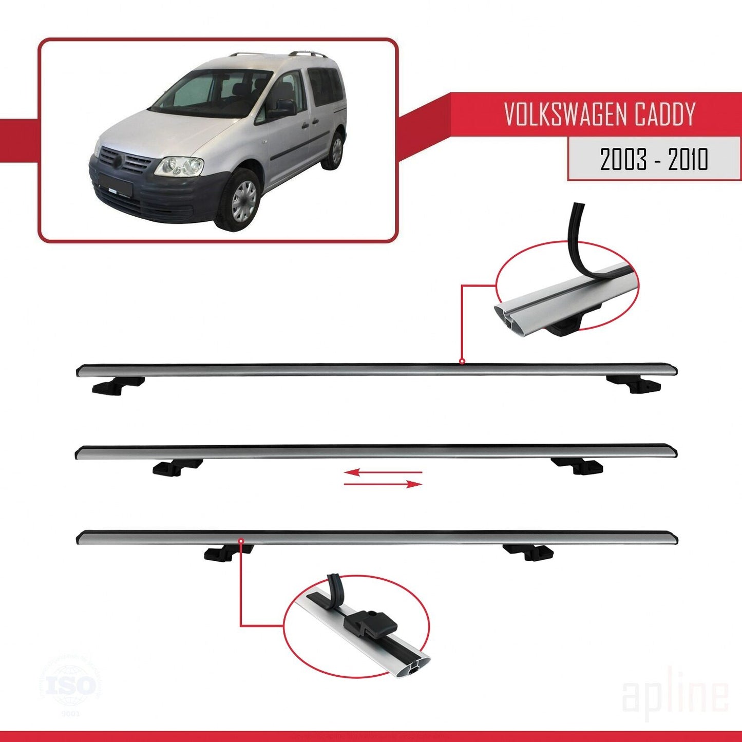Compatibile con Volkswagen Caddy 3 (2K) 2003-2010 BASIC Model Barre Tetto Portapacchi Auto Barre Portatutto Grigo Alluminio 2 Barre