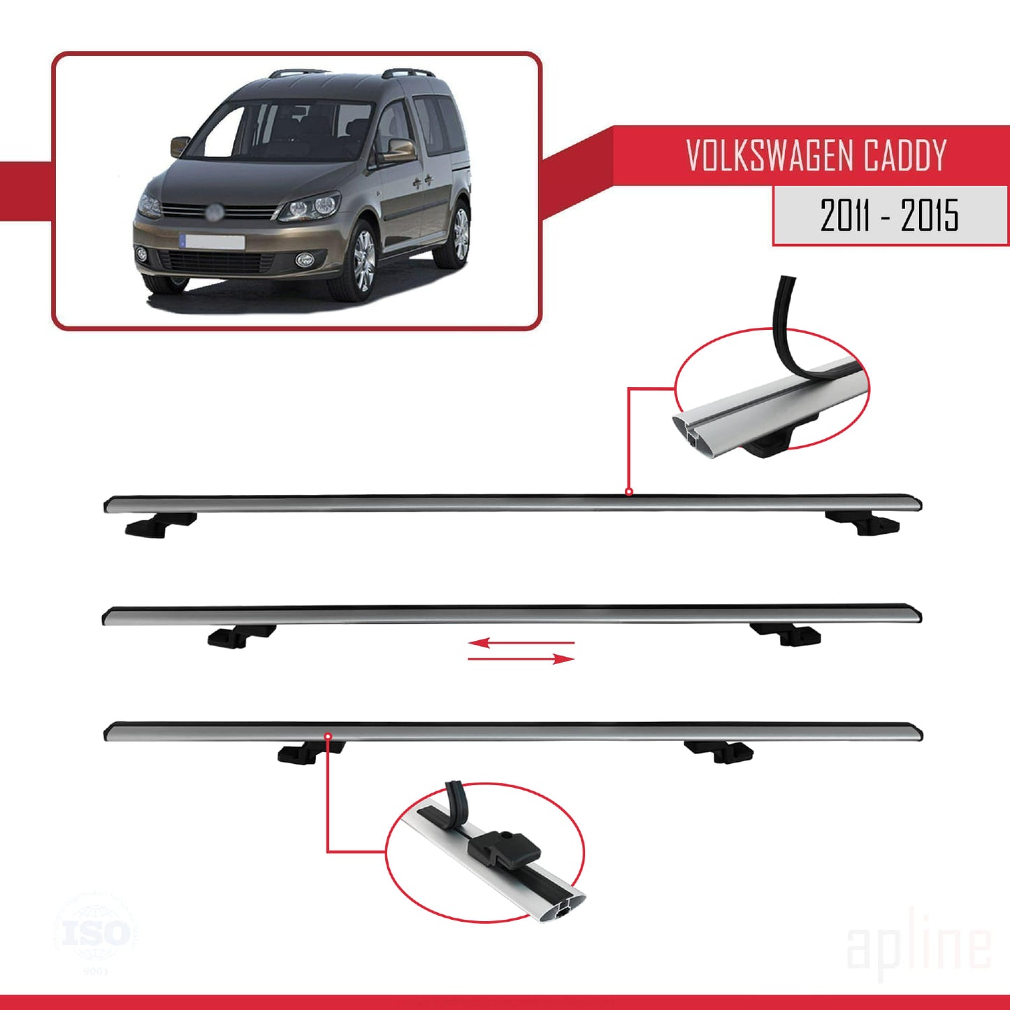 Compatible avec Volkswagen Caddy 3 (2K) 2011-2015 BASIC Model Barres de Toit Railing Porte-Bagages de Voiture Gris Aluminium 3 Barres