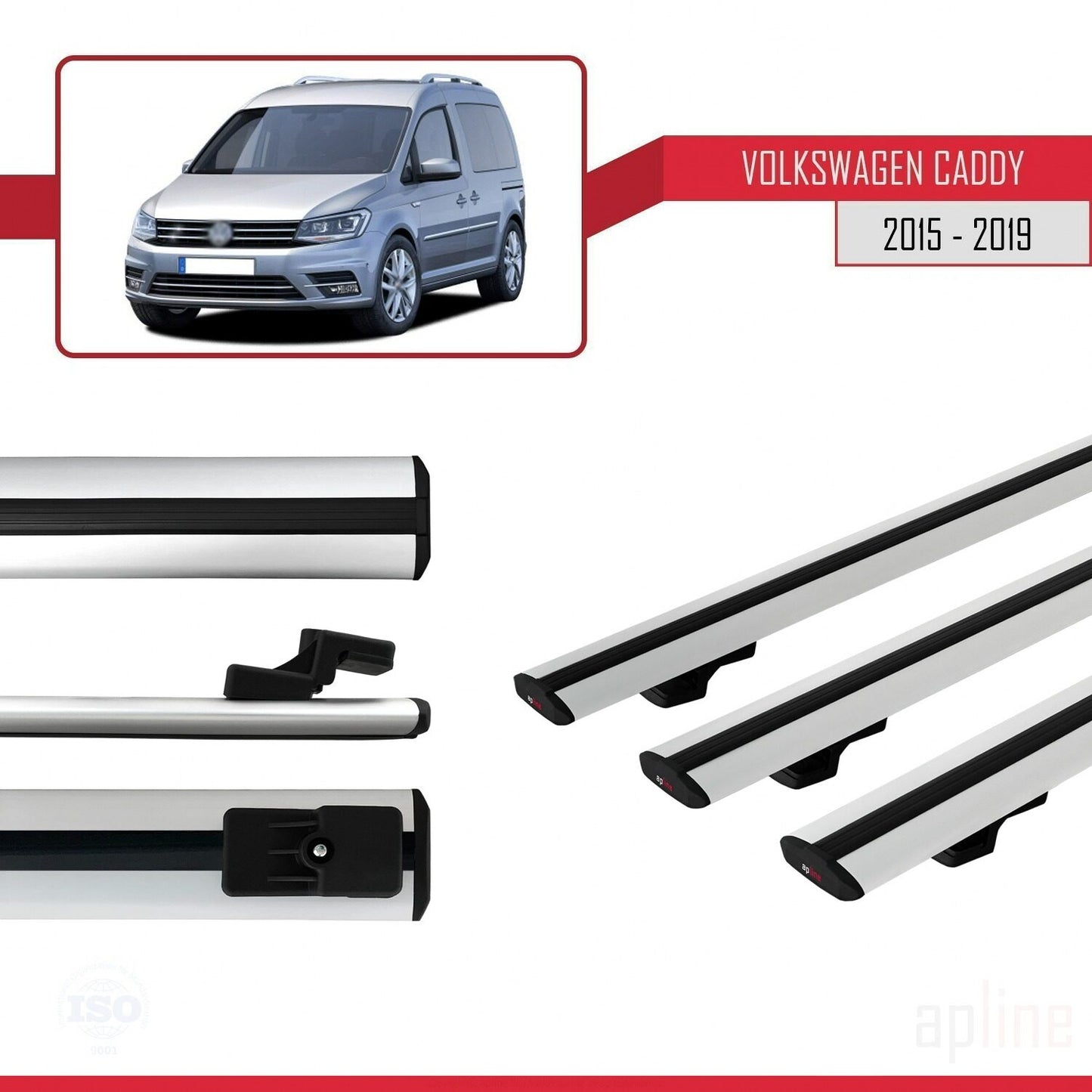 Kompatibel mit Volkswagen Caddy 3 (SA) 2015-2019 BASIC Model Relingträger Dachträger Auto Gepäckträger Grau Aluminium 3 Stangen