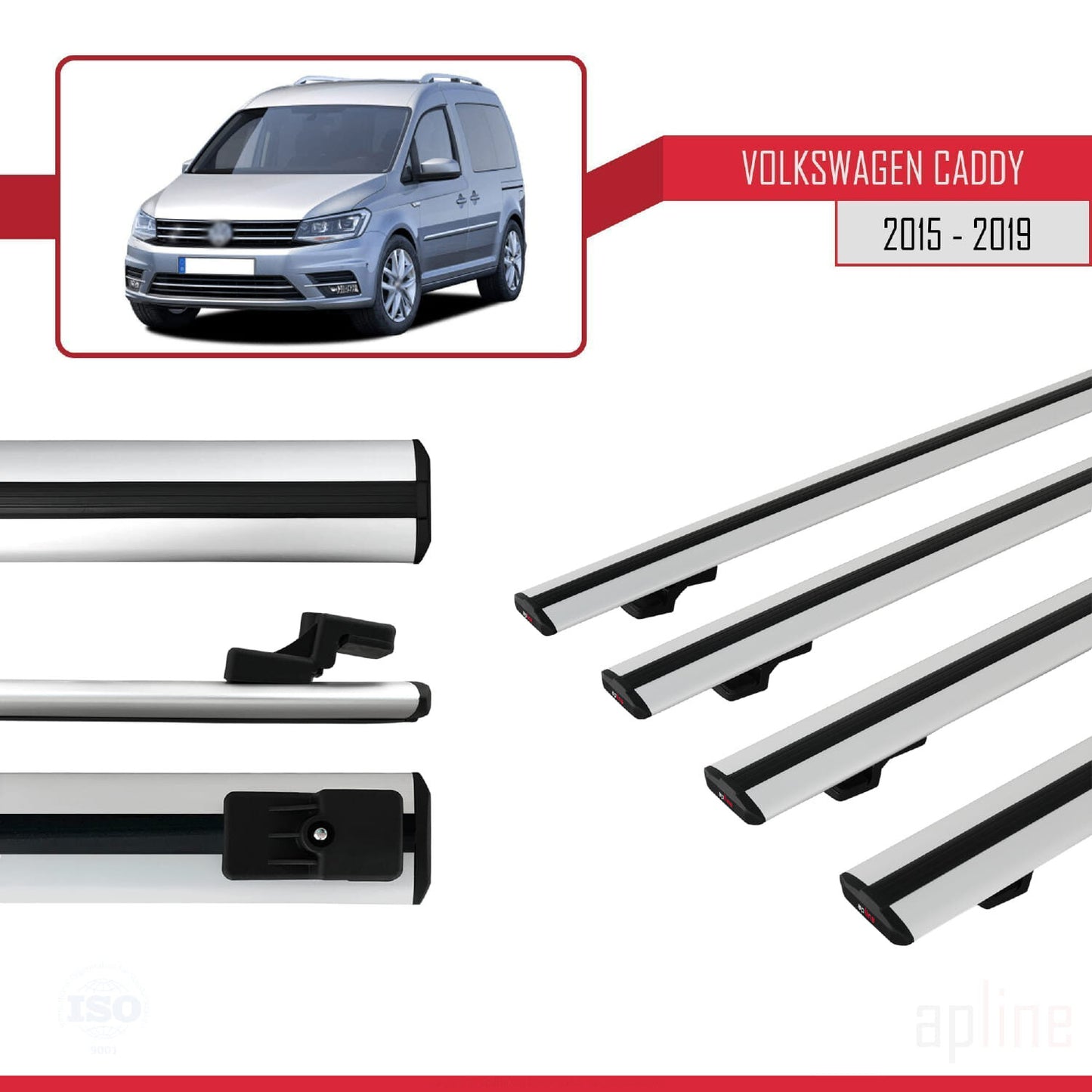 Kompatibel mit Volkswagen Caddy 3 (SA) 2015-2019 BASIC Model Relingträger Dachträger Auto Gepäckträger Grau Aluminium 4 Stangen