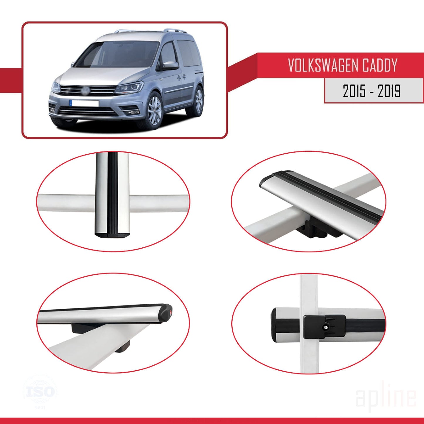 Kompatibel mit Volkswagen Caddy 3 (SA) 2015-2019 BASIC Model Relingträger Dachträger Auto Gepäckträger Grau Aluminium 4 Stangen