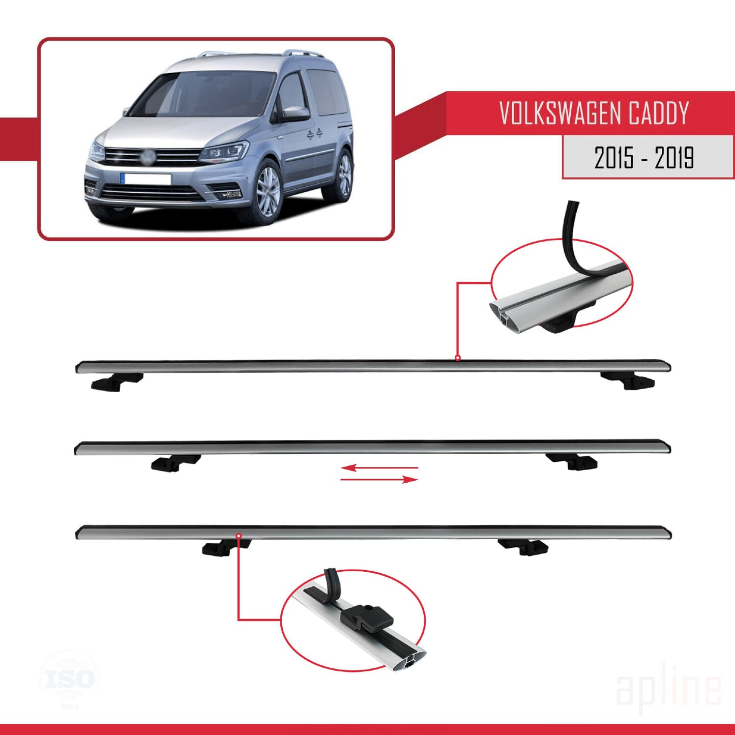 Kompatibel mit Volkswagen Caddy 3 (SA) 2015-2019 BASIC Model Relingträger Dachträger Auto Gepäckträger Grau Aluminium 4 Stangen