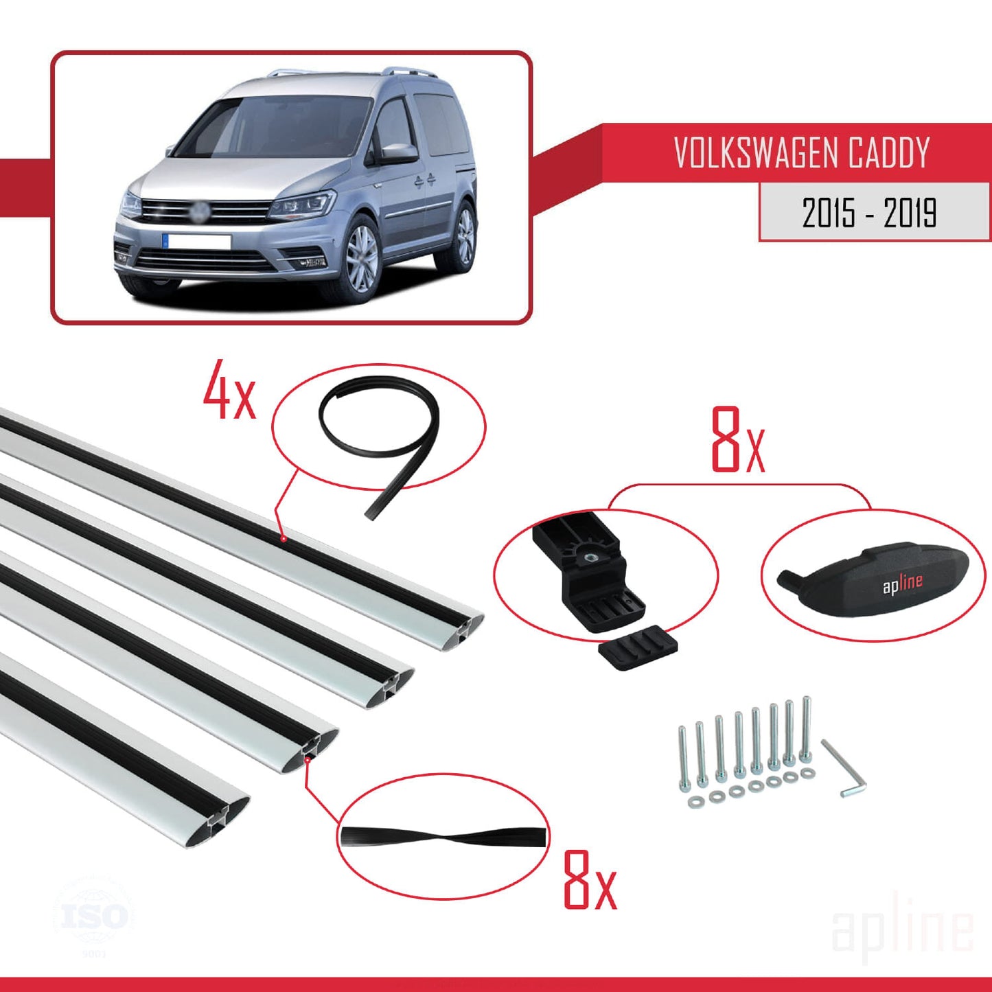 Kompatibel mit Volkswagen Caddy 3 (SA) 2015-2019 BASIC Model Relingträger Dachträger Auto Gepäckträger Grau Aluminium 4 Stangen
