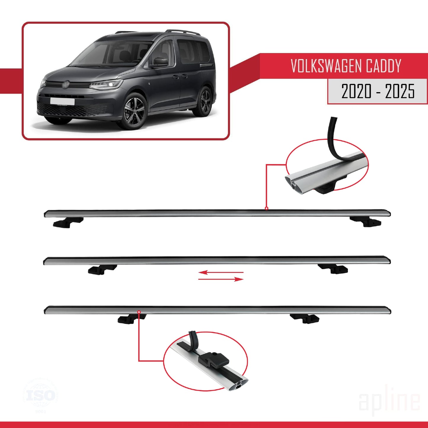 Compatibile con Volkswagen Caddy 4 (SB) 2020-2025 BASIC Model Barre Tetto Portapacchi Auto Barre Portatutto Grigo Alluminio 4 Barre