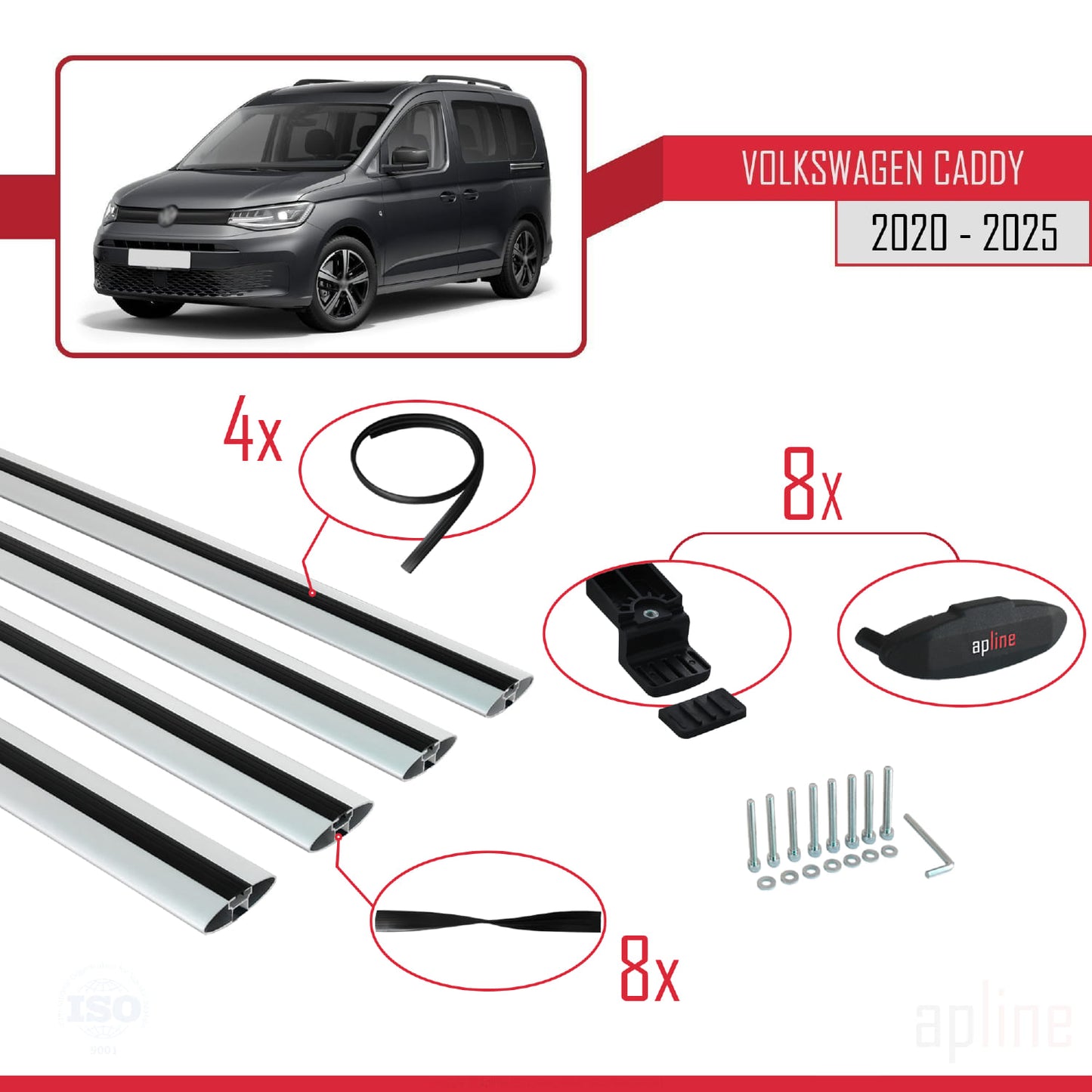 Compatibile con Volkswagen Caddy 4 (SB) 2020-2025 BASIC Model Barre Tetto Portapacchi Auto Barre Portatutto Grigo Alluminio 4 Barre