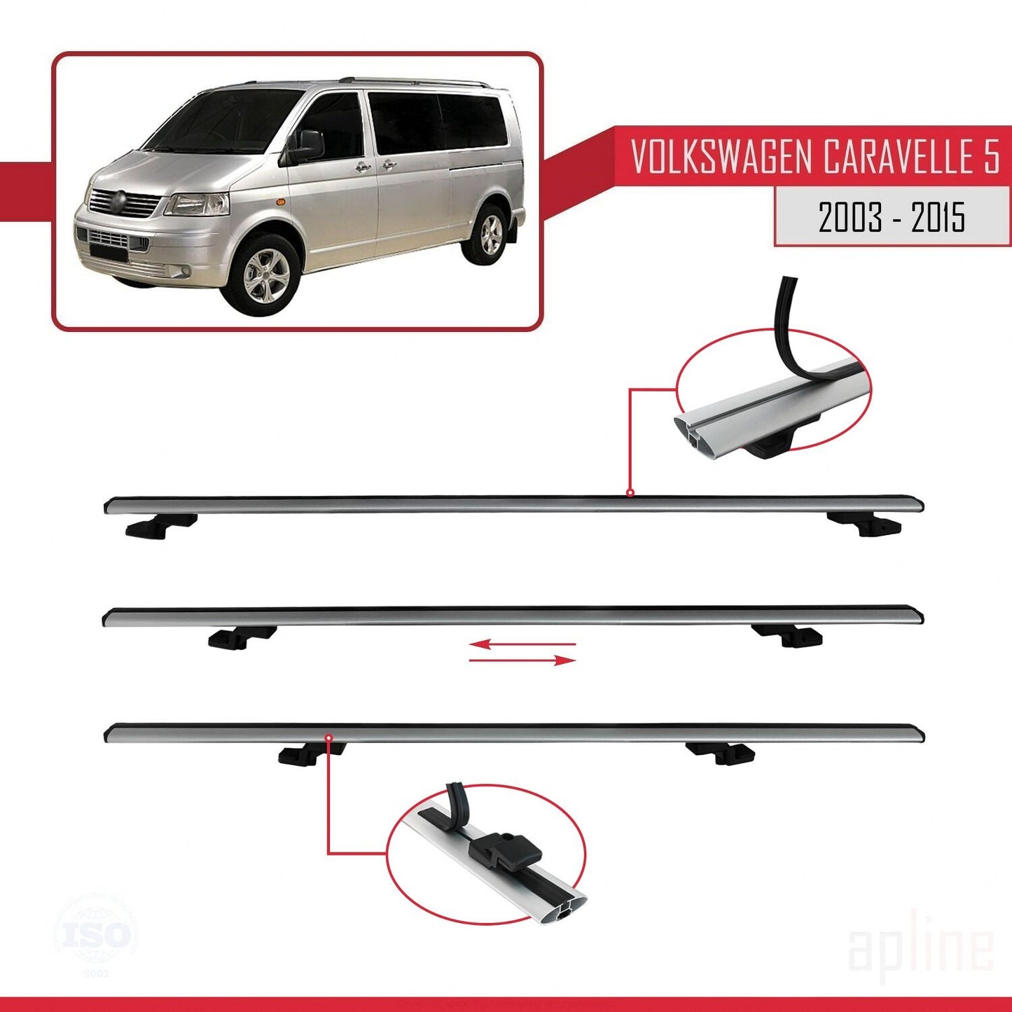 Compatible avec Volkswagen T5 Caravelle 2003-2015 BASIC Model Barres de Toit Railing Porte-Bagages de Voiture Gris Aluminium 2 Barres