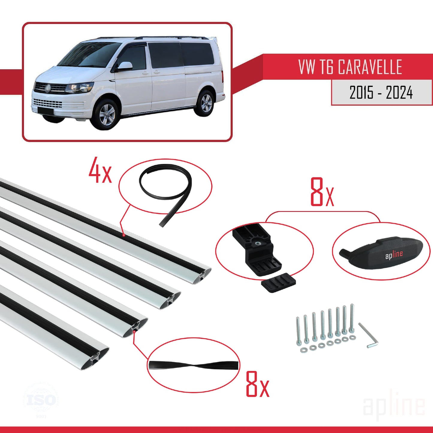 Compatible avec Volkswagen T6 Caravelle 2015-2024 BASIC Model Barres de Toit Railing Porte-Bagages de Voiture Gris Aluminium 4 Barres