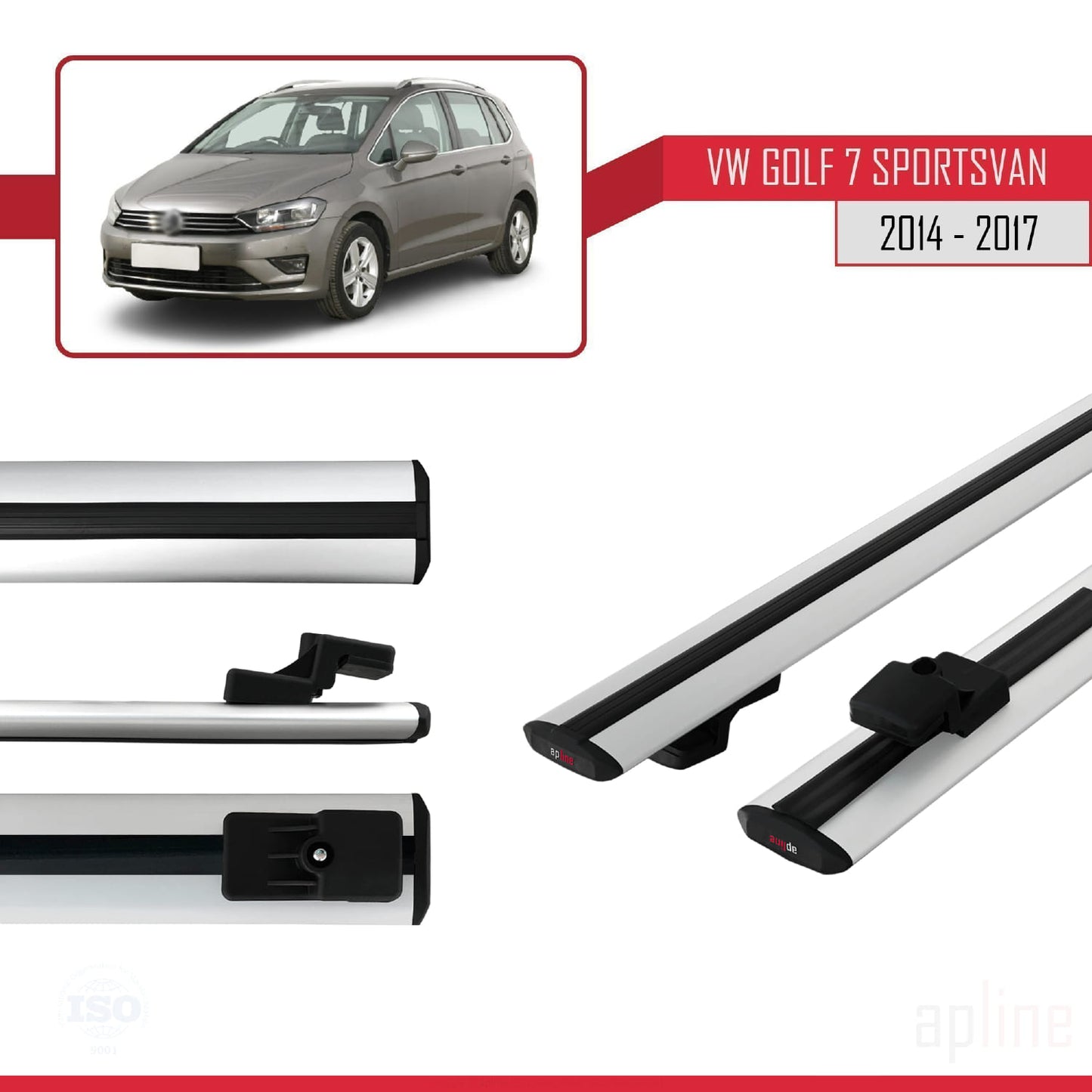 Compatible avec Volkswagen Golf Sportvan 2014-2017 BASIC Model Barres de Toit Railing Porte-Bagages de Voiture Gris Aluminium 2 Barres