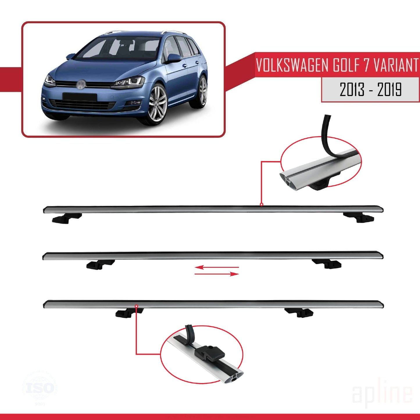 Compatible avec Volkswagen Golf 7 (5G) Variant 2013-2019 BASIC Model Barres de Toit Railing Porte-Bagages de Voiture Gris Aluminium 3 Barres