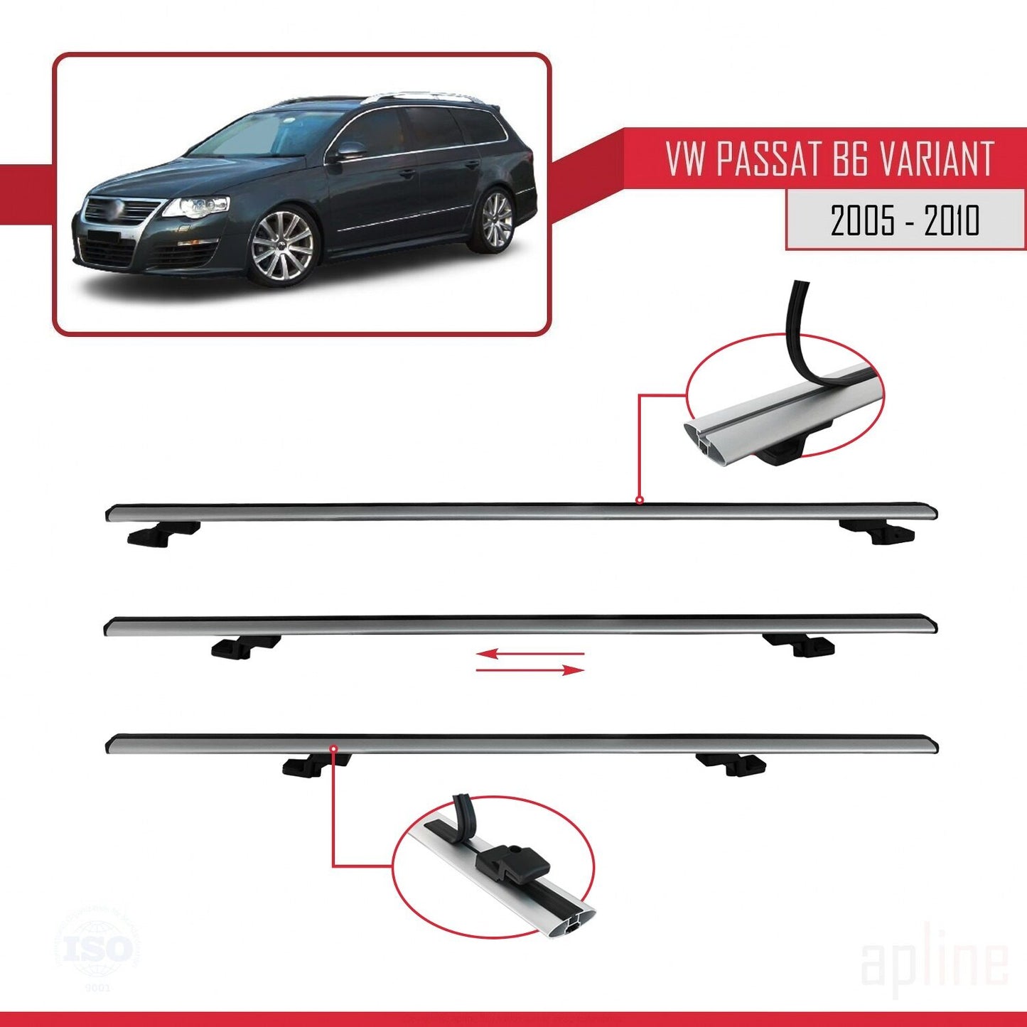 Compatibile con Volkswagen Passat B6 (3C) Variant 2005-2010 BASIC Model Barre Tetto Portapacchi Auto Barre Portatutto Grigo Alluminio 2 Barre