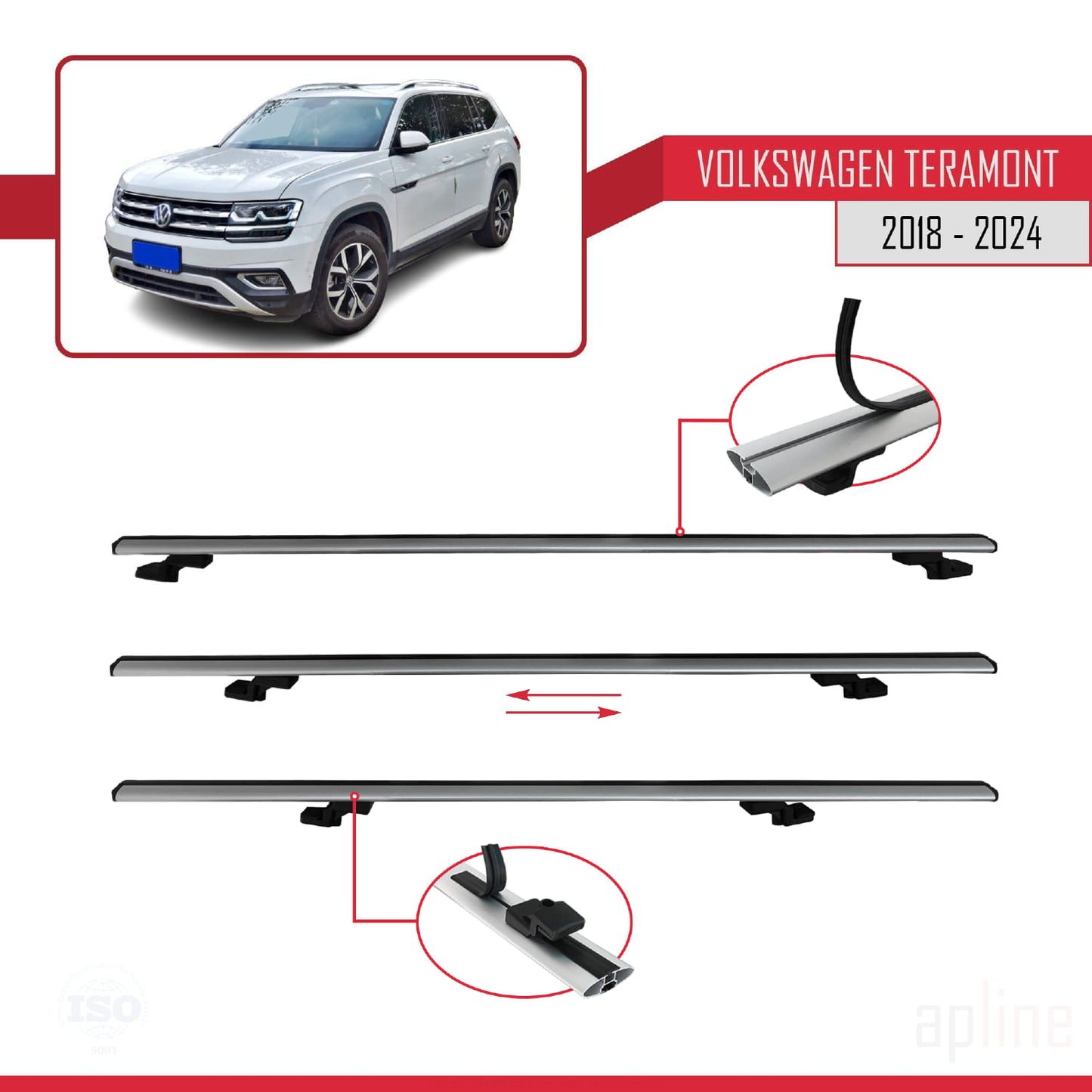 Compatibile con Volkswagen Teramont (CA1) 2018-2024 BASIC Model Barre Tetto Portapacchi Auto Barre Portatutto Grigo Alluminio 3 Barre