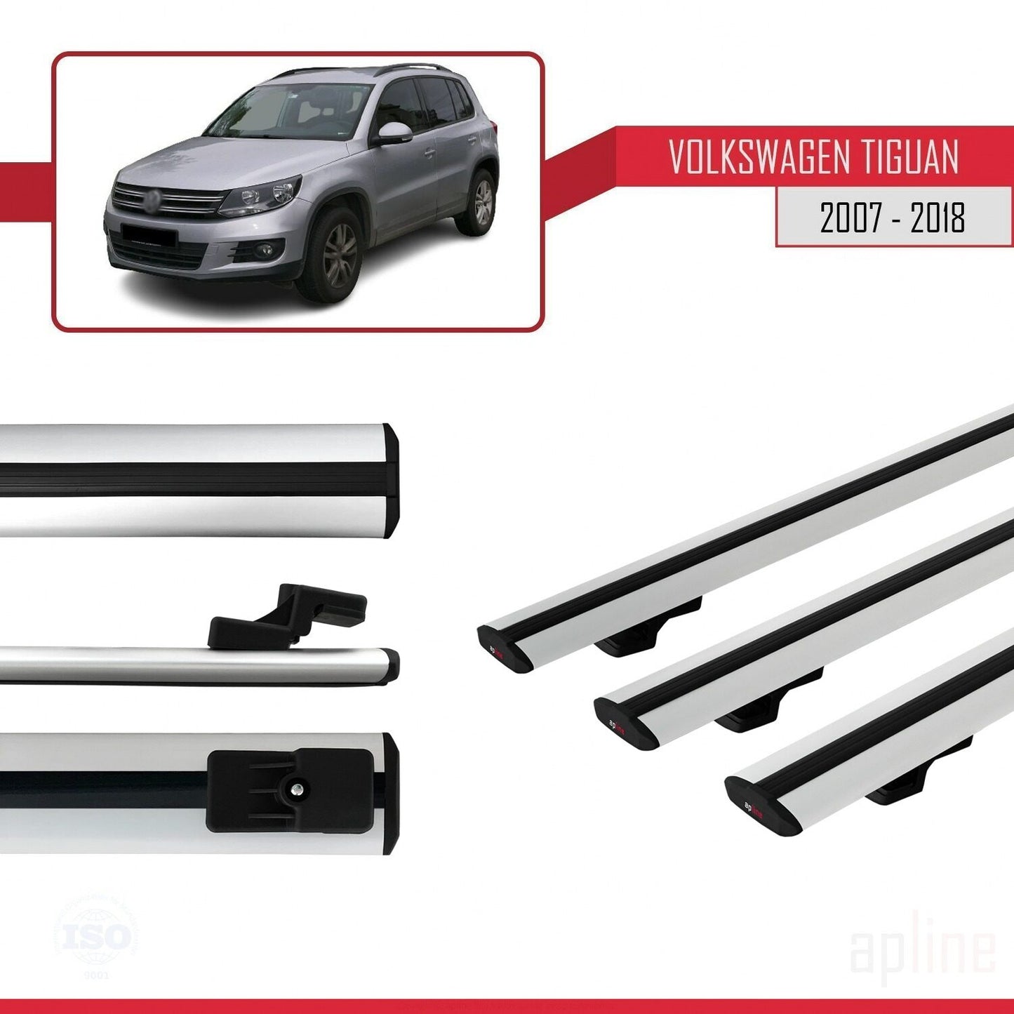 Compatibile con Volkswagen Tiguan (5N) 2007-2016 BASIC Model Barre Tetto Portapacchi Auto Barre Portatutto Grigo Alluminio 3 Barre